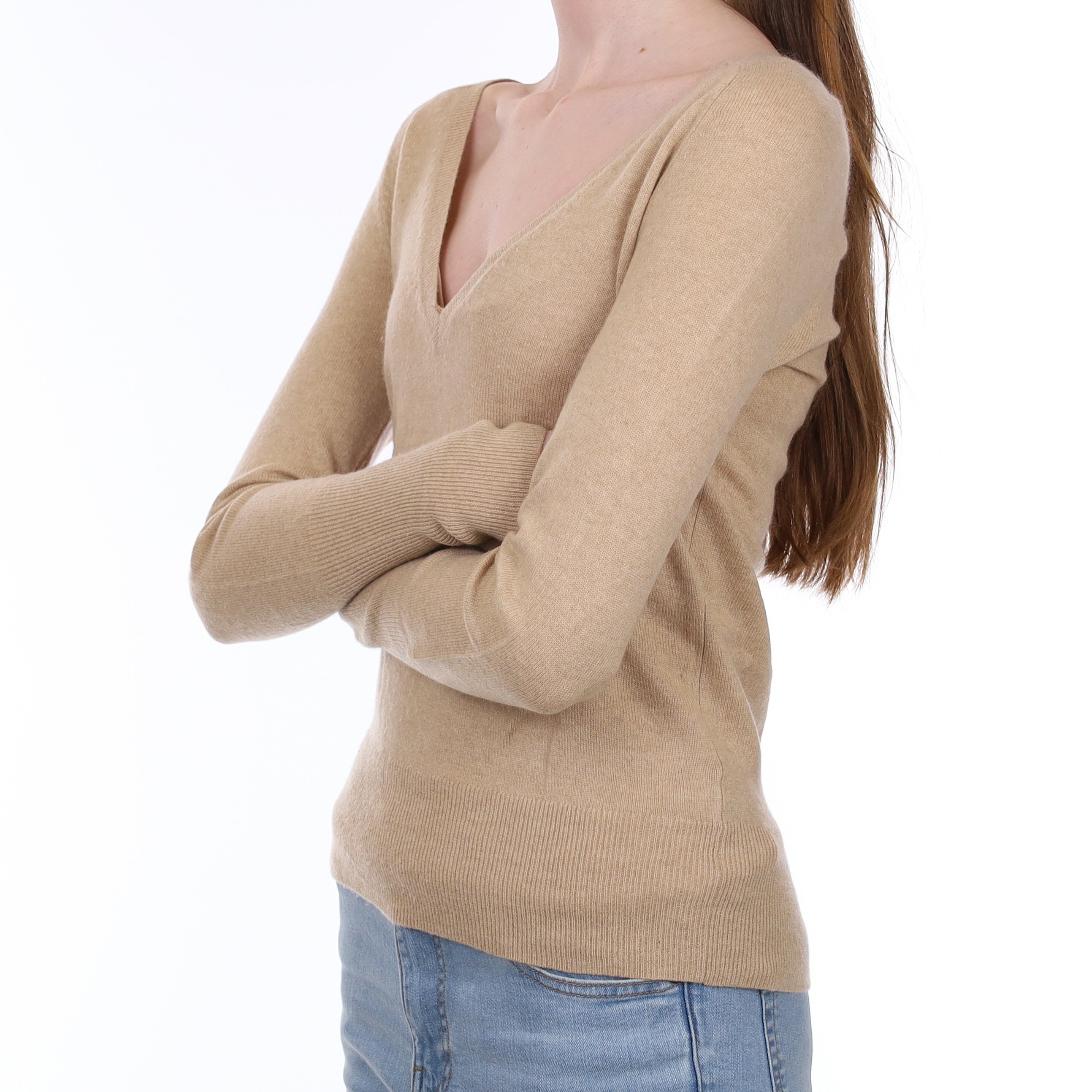 Soft Caramel Cashmere Low V Neck Jumper Extra Small