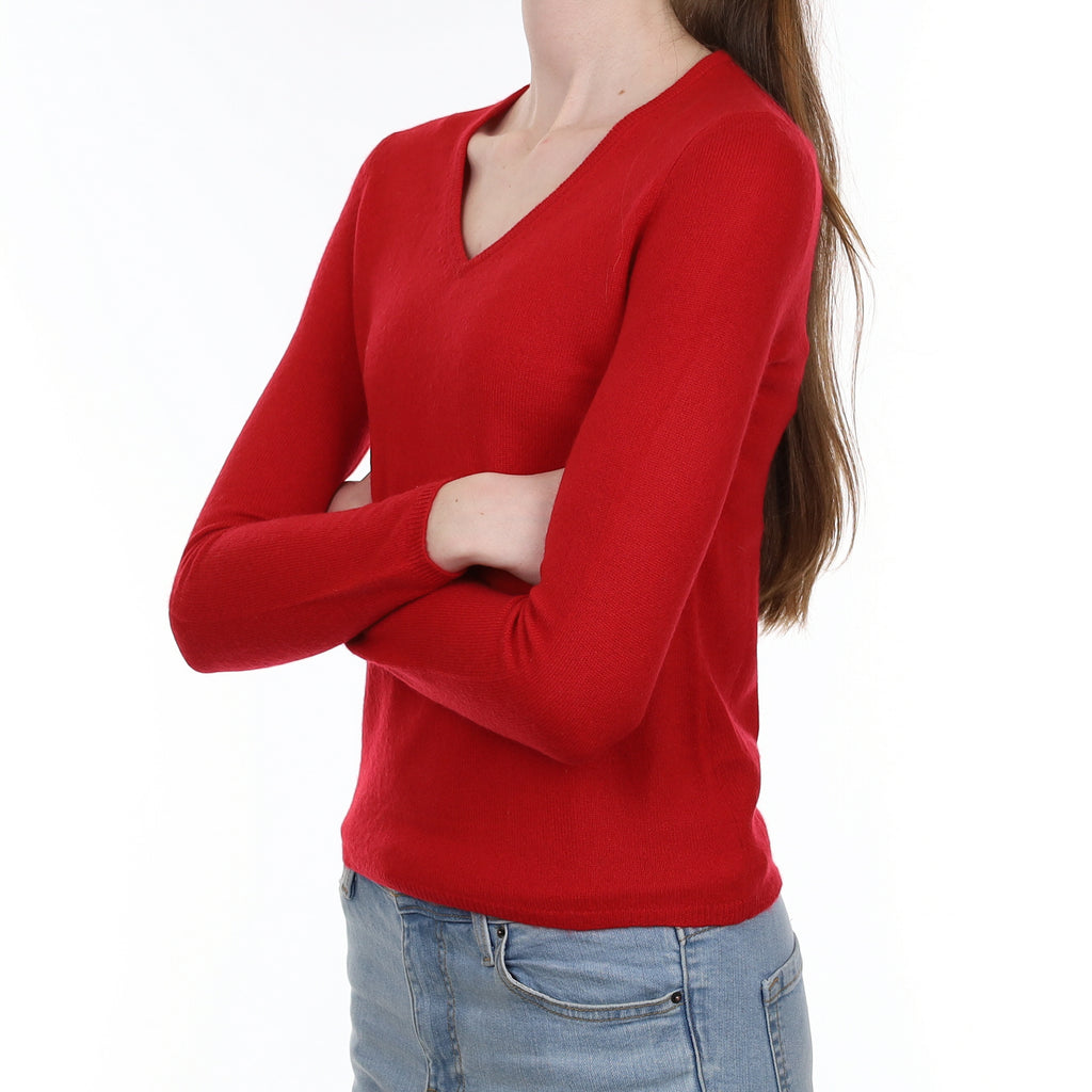 Scarlet Red Cashmere V Neck Jumper Extra Small