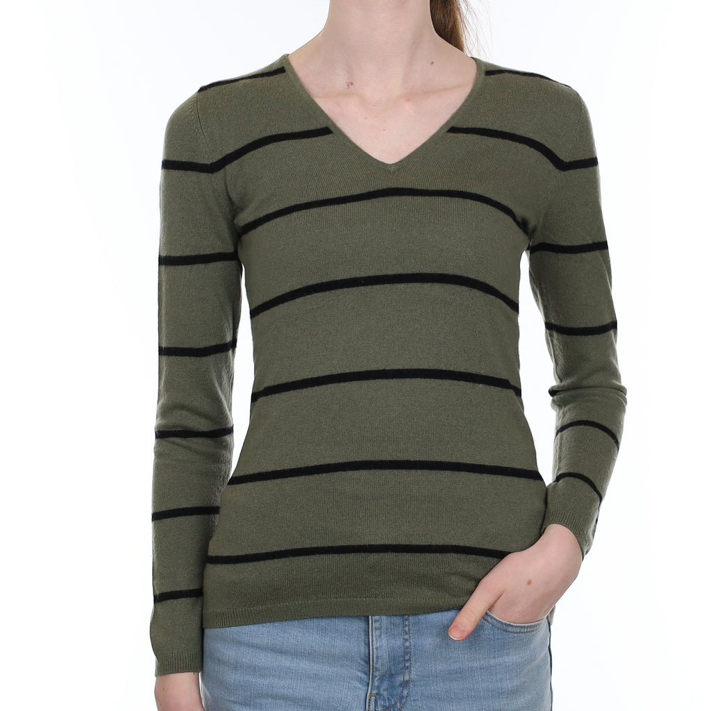 Khaki Green Black Stripe Cashmere V Neck Jumper Extra Small