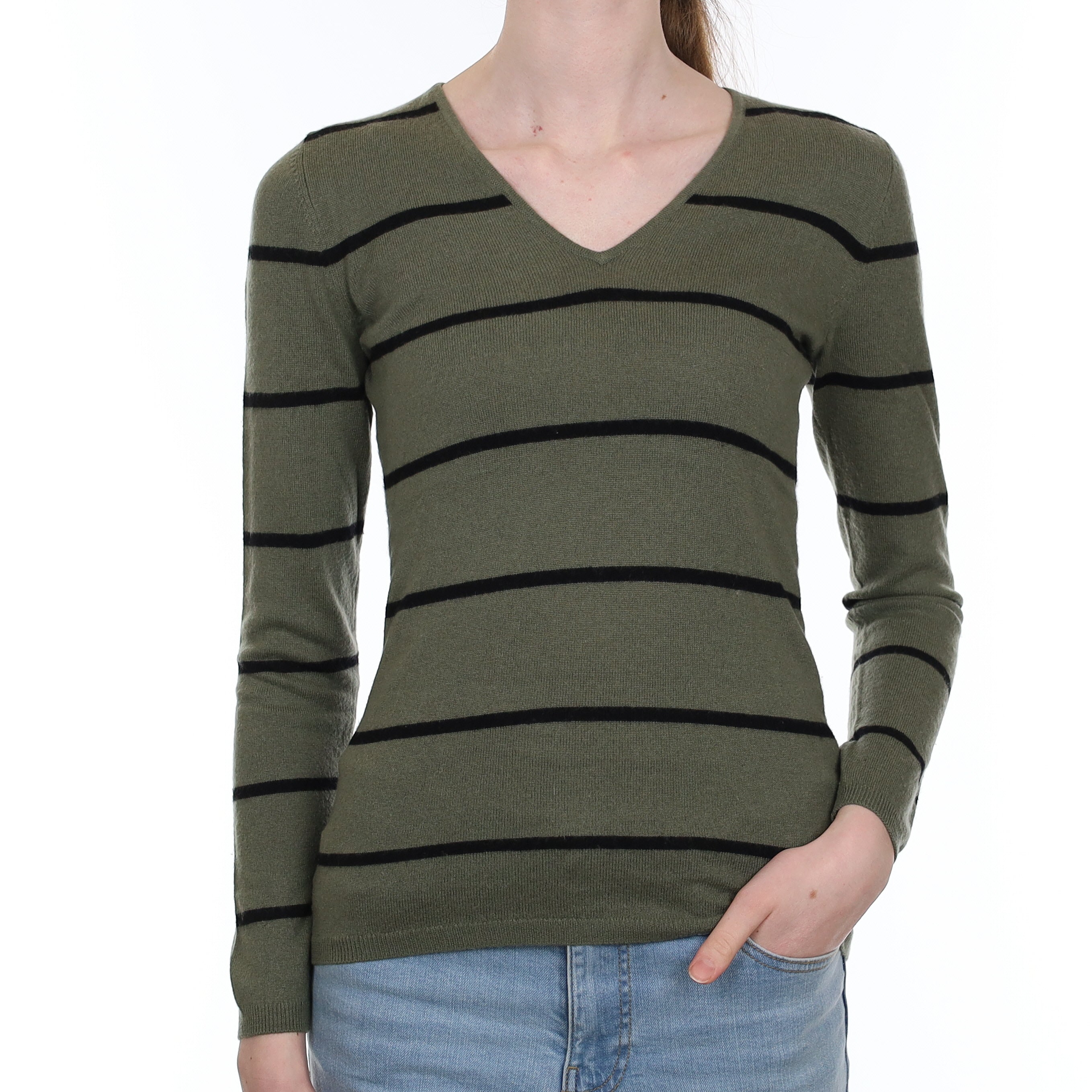 Khaki Green Black Stripe Cashmere V Neck Jumper Extra Small