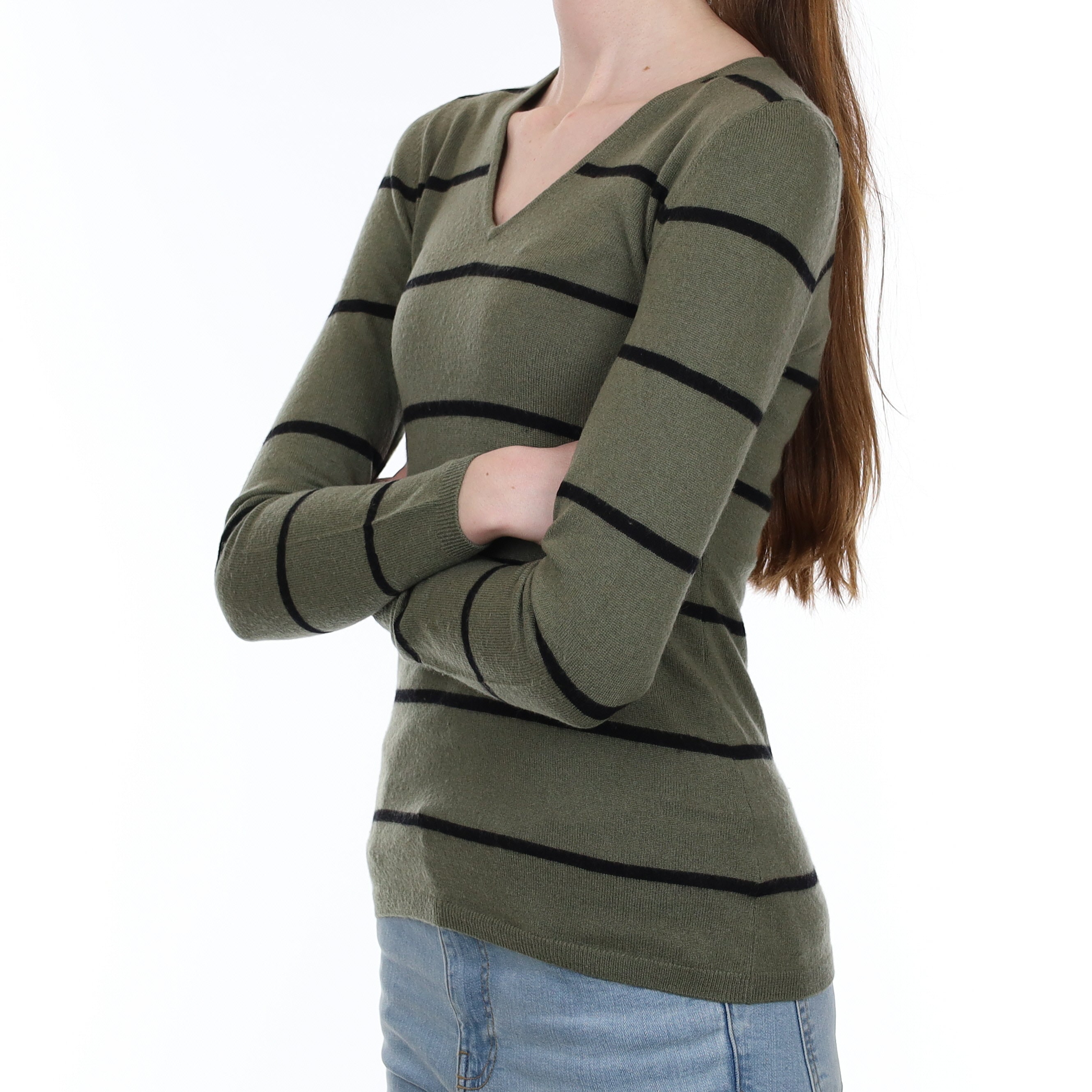 Khaki Green Black Stripe Cashmere V Neck Jumper Extra Small