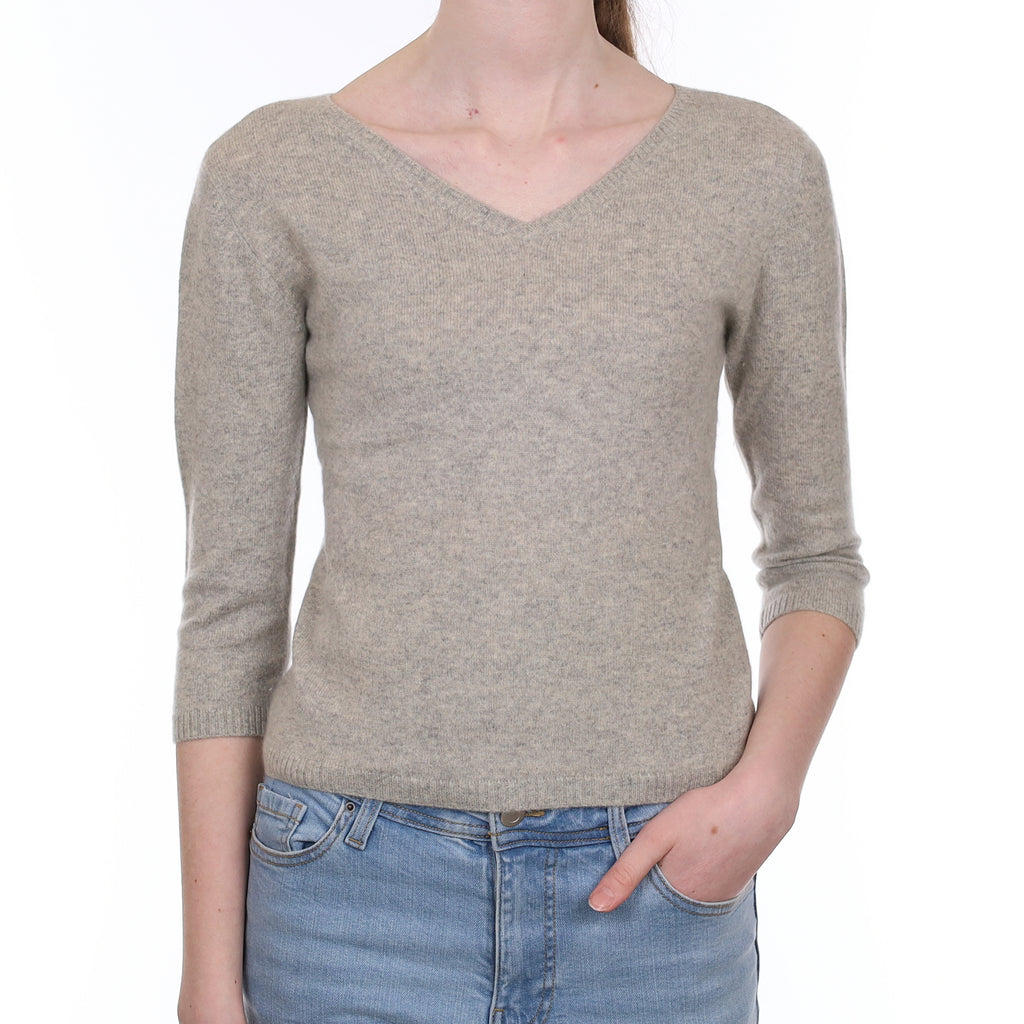 Smoke Grey 3/4 Sleeve Cashmere V Neck Jumper Extra Small