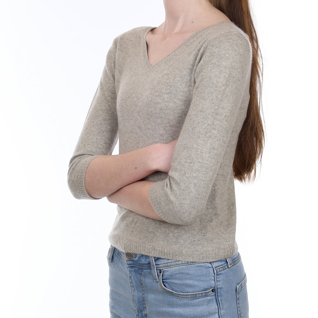 Smoke Grey 3/4 Sleeve Cashmere V Neck Jumper Extra Small