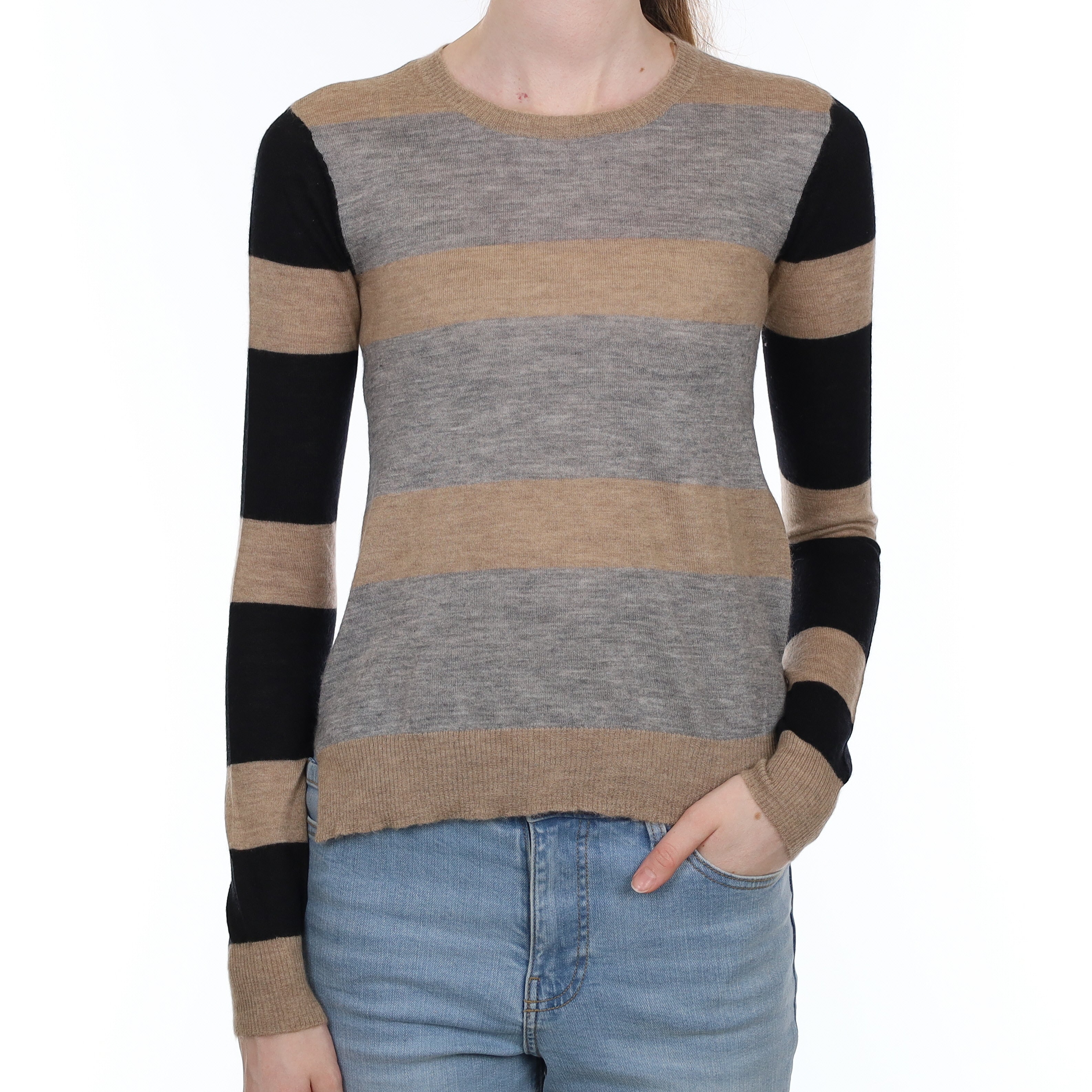 Caramel Brown Striped Cashmere Crew Neck Jumper Extra Small