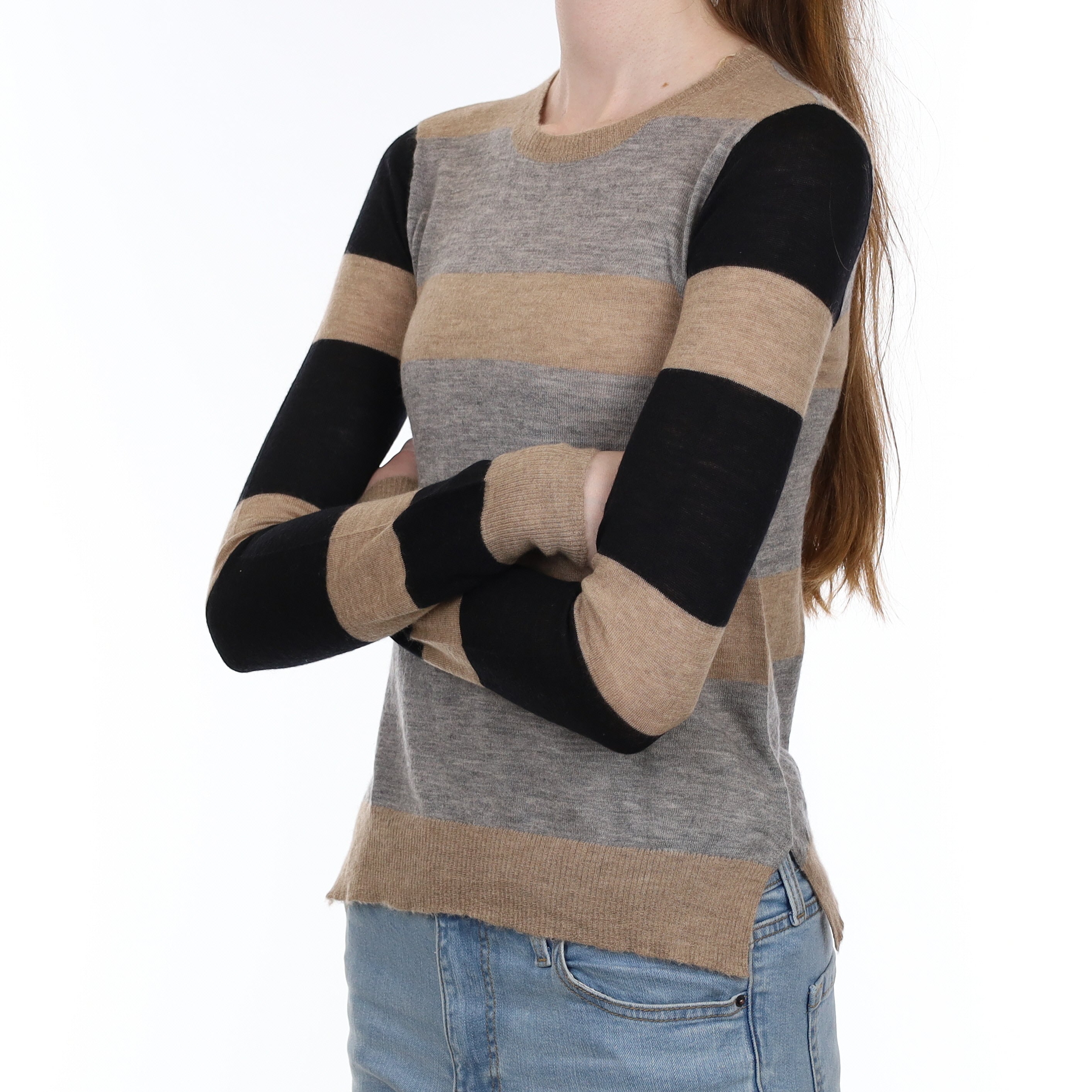 Caramel Brown Striped Cashmere Crew Neck Jumper Extra Small
