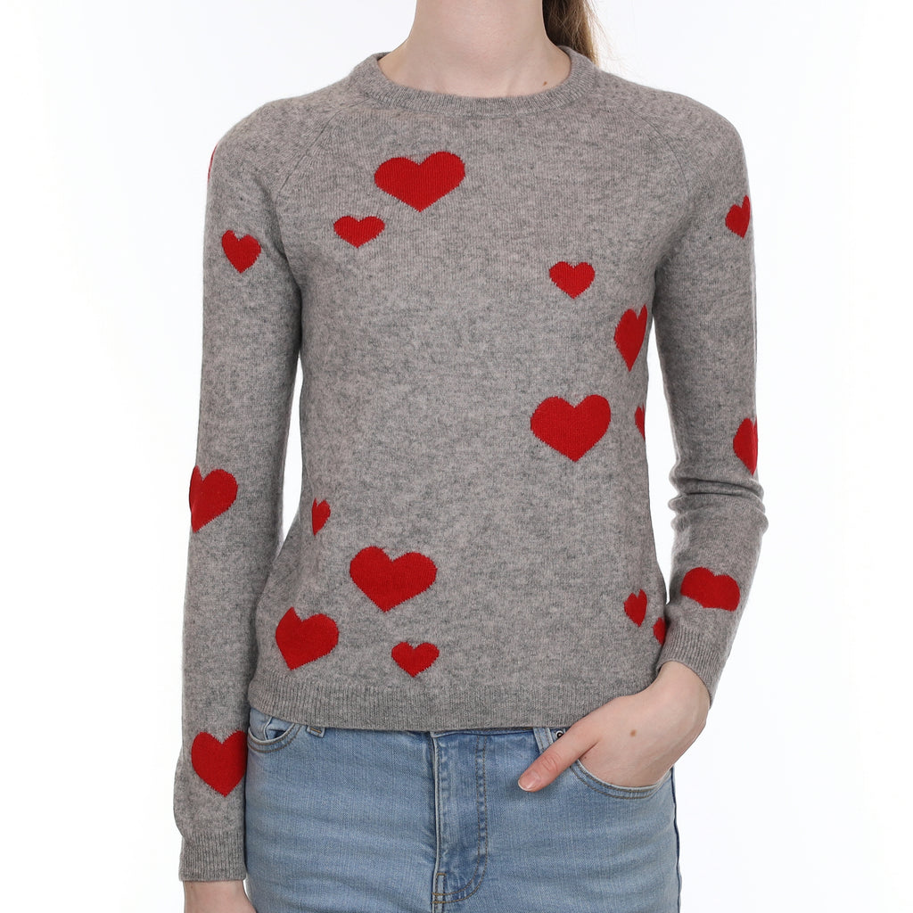 Grey Love Heart Cashmere Crew Neck Jumper Extra Small