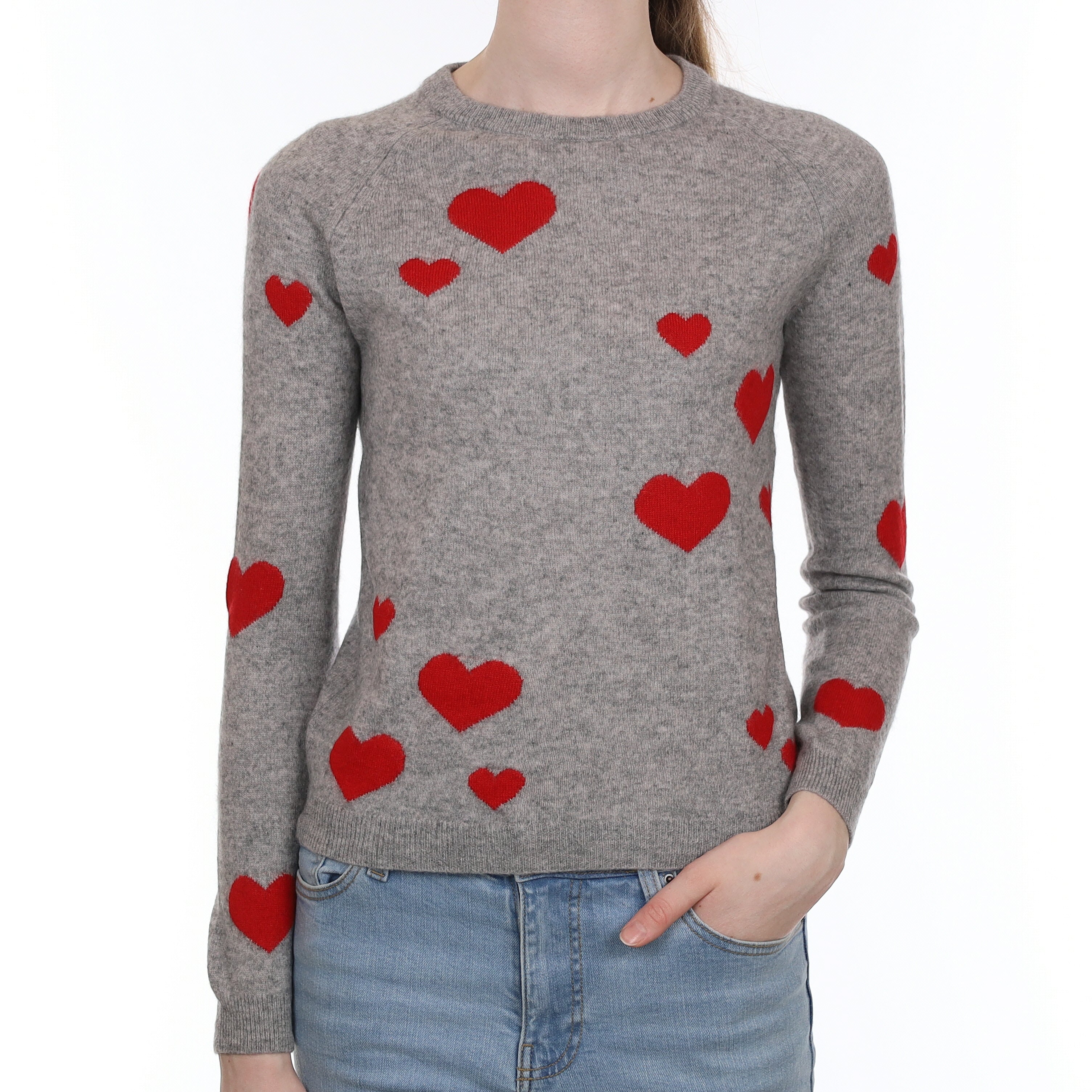 Grey Love Heart Cashmere Crew Neck Jumper Extra Small
