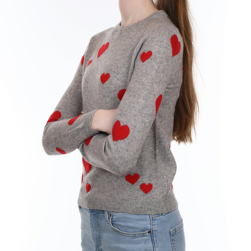 Grey Love Heart Cashmere Crew Neck Jumper Extra Small