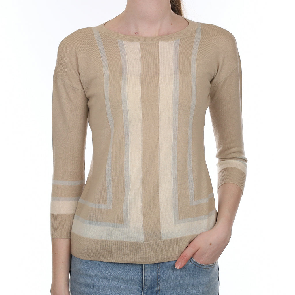 Beige Striped Fine Knit Cashmere Crew Neck Jumper Extra Small