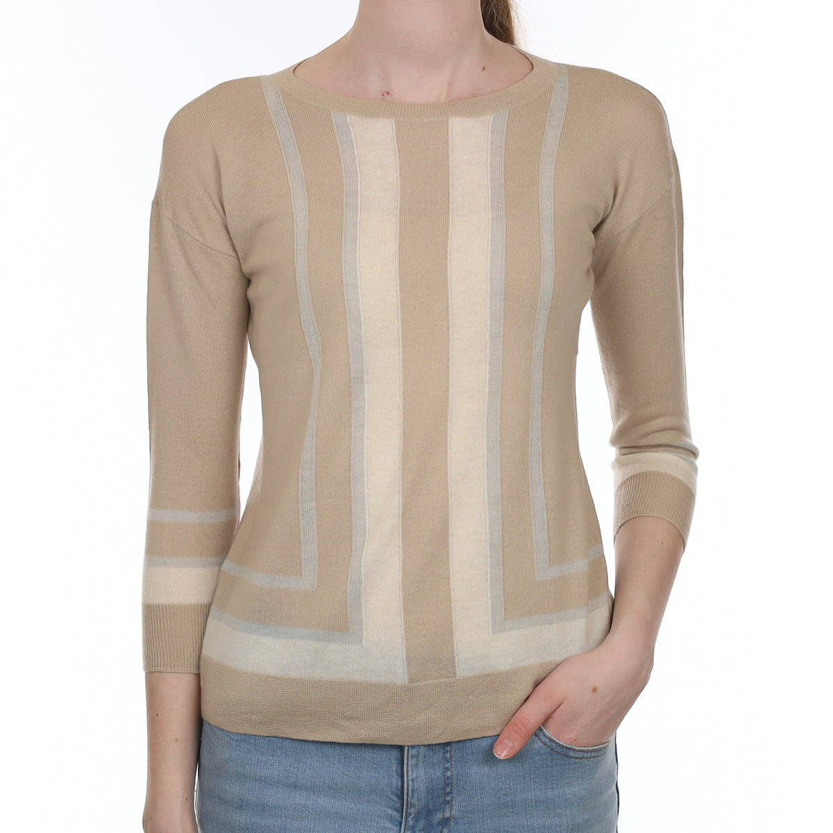 Beige Striped Fine Knit Cashmere Crew Neck Jumper Extra Small