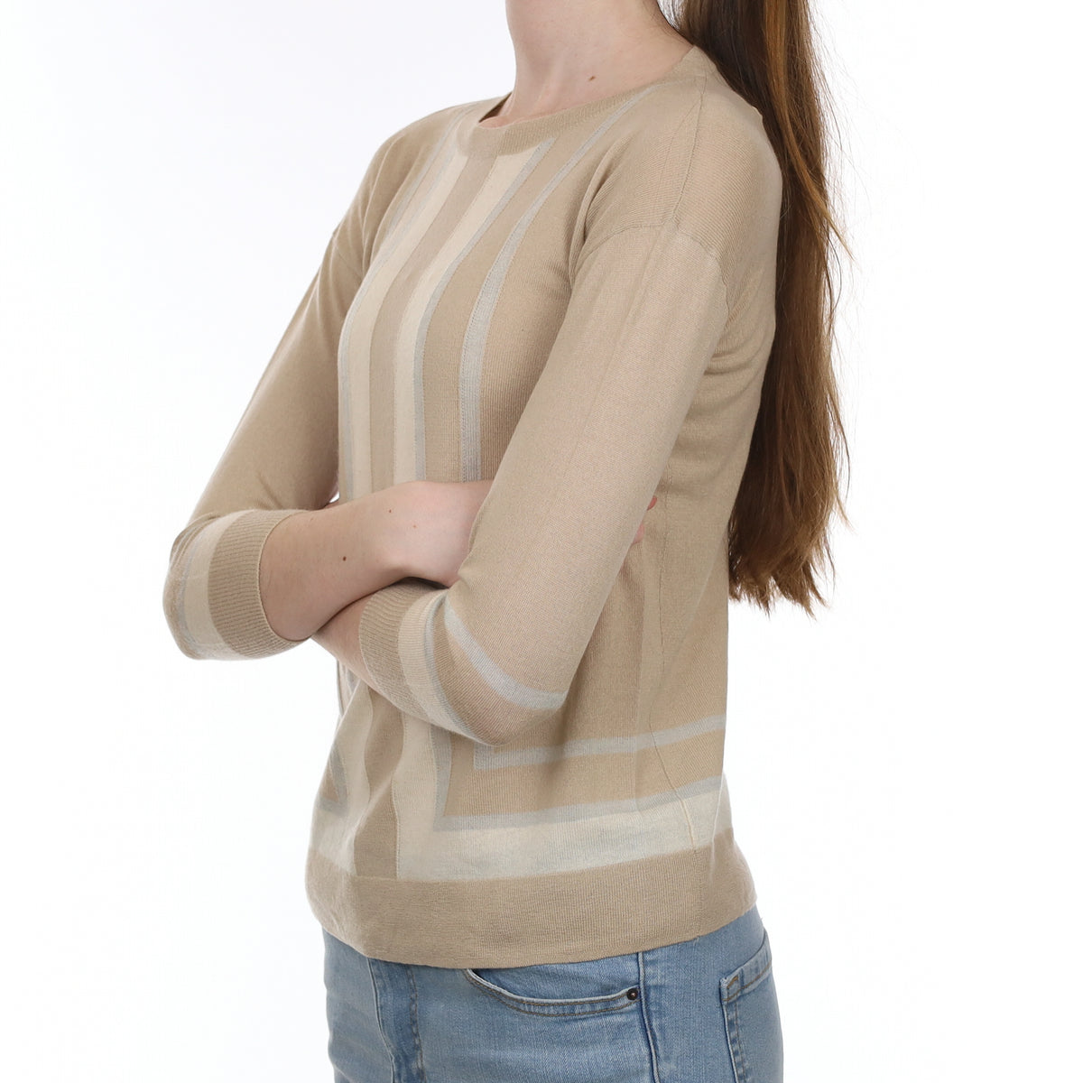 Beige Striped Fine Knit Cashmere Crew Neck Jumper Extra Small