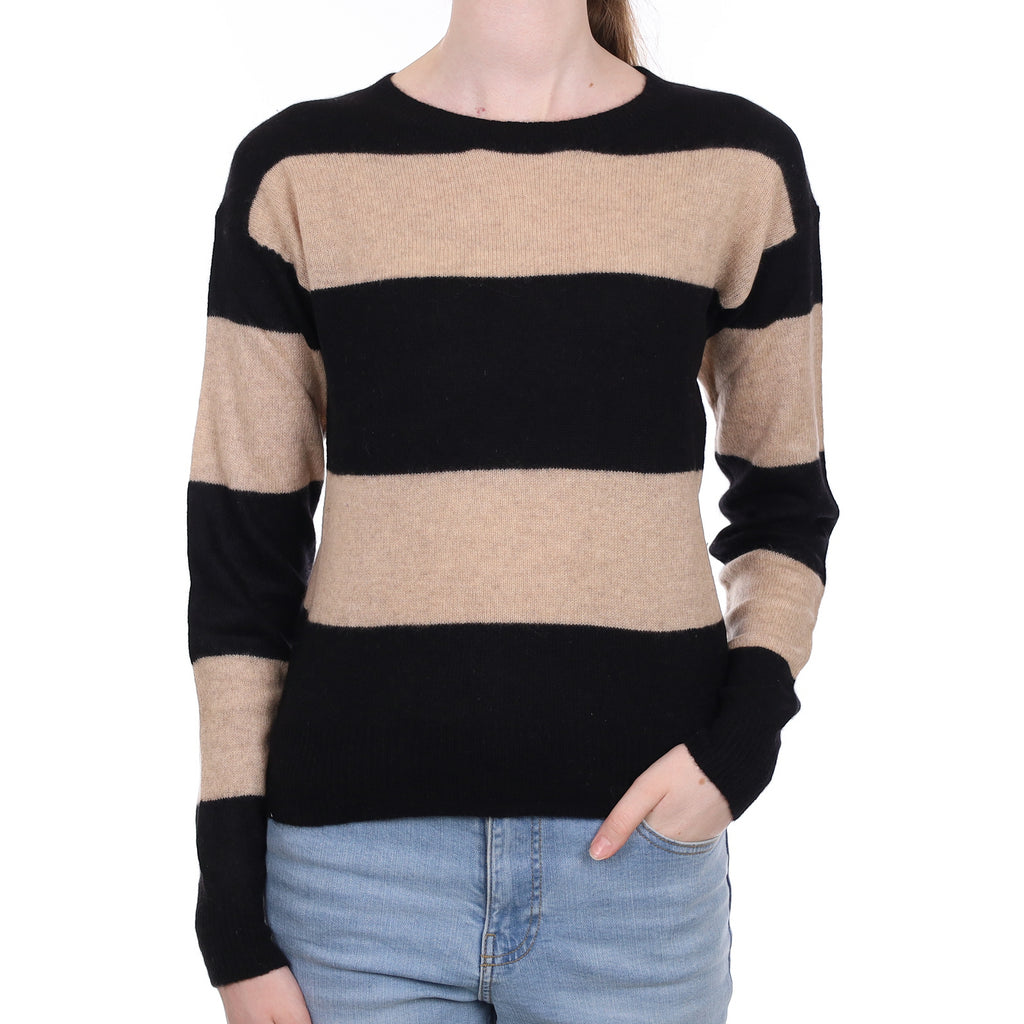 Black Beige Striped Cashmere Crew Neck Jumper Extra Small