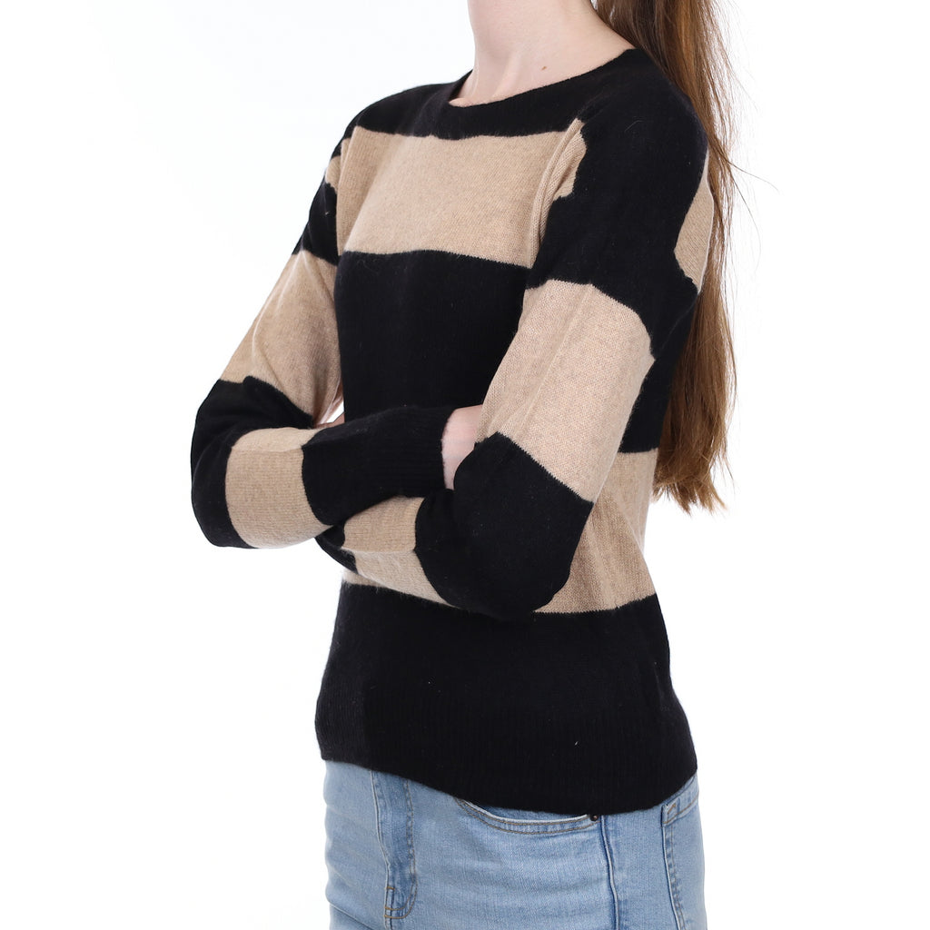 Black Beige Striped Cashmere Crew Neck Jumper Extra Small