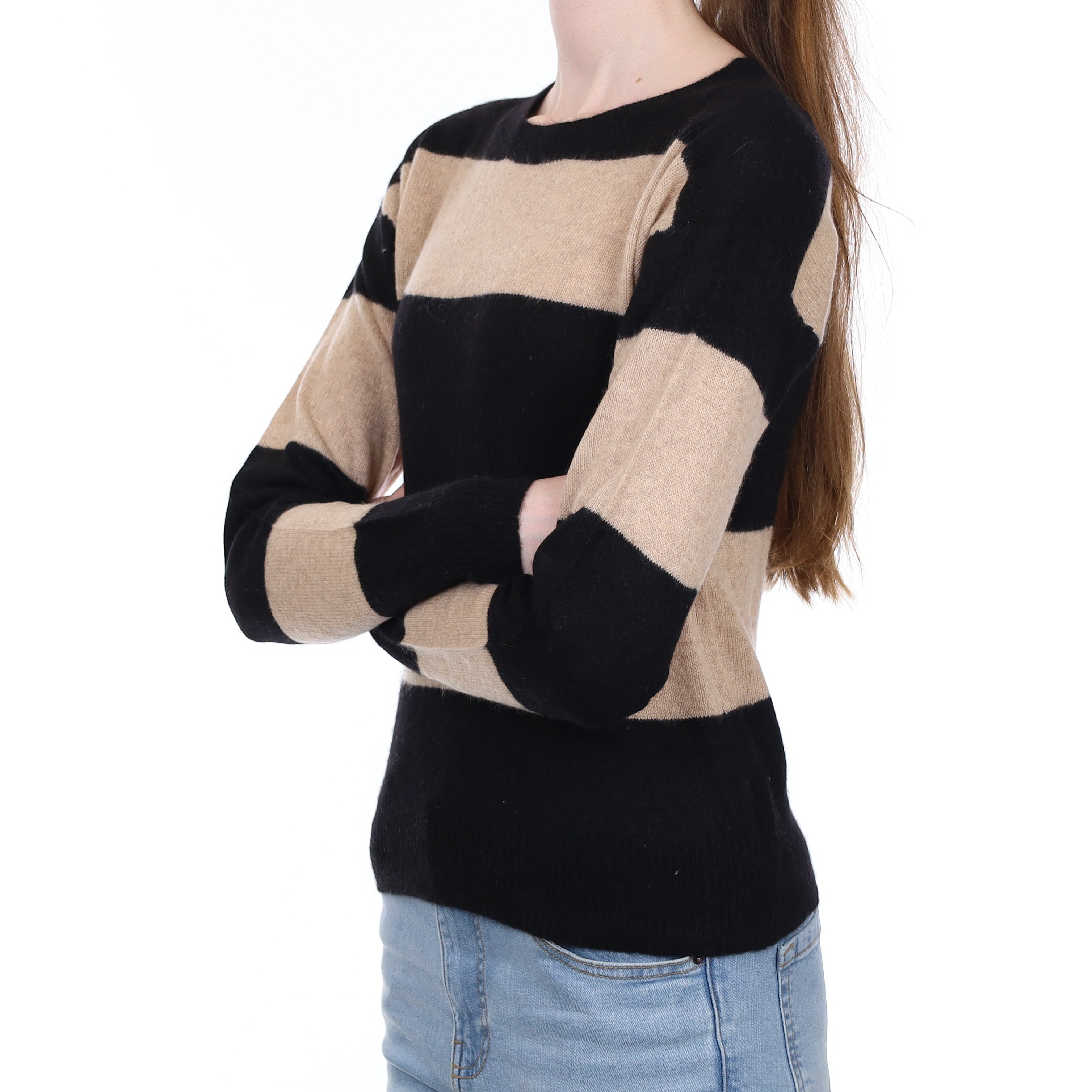 Black Beige Striped Cashmere Crew Neck Jumper Extra Small