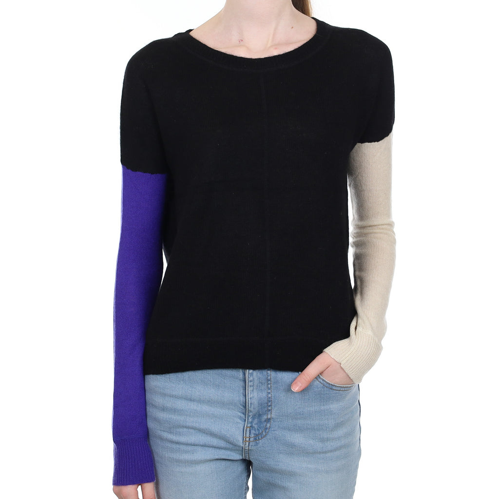 Black Contrasting Sleeve Cashmere Crew Neck Jumper Extra Small