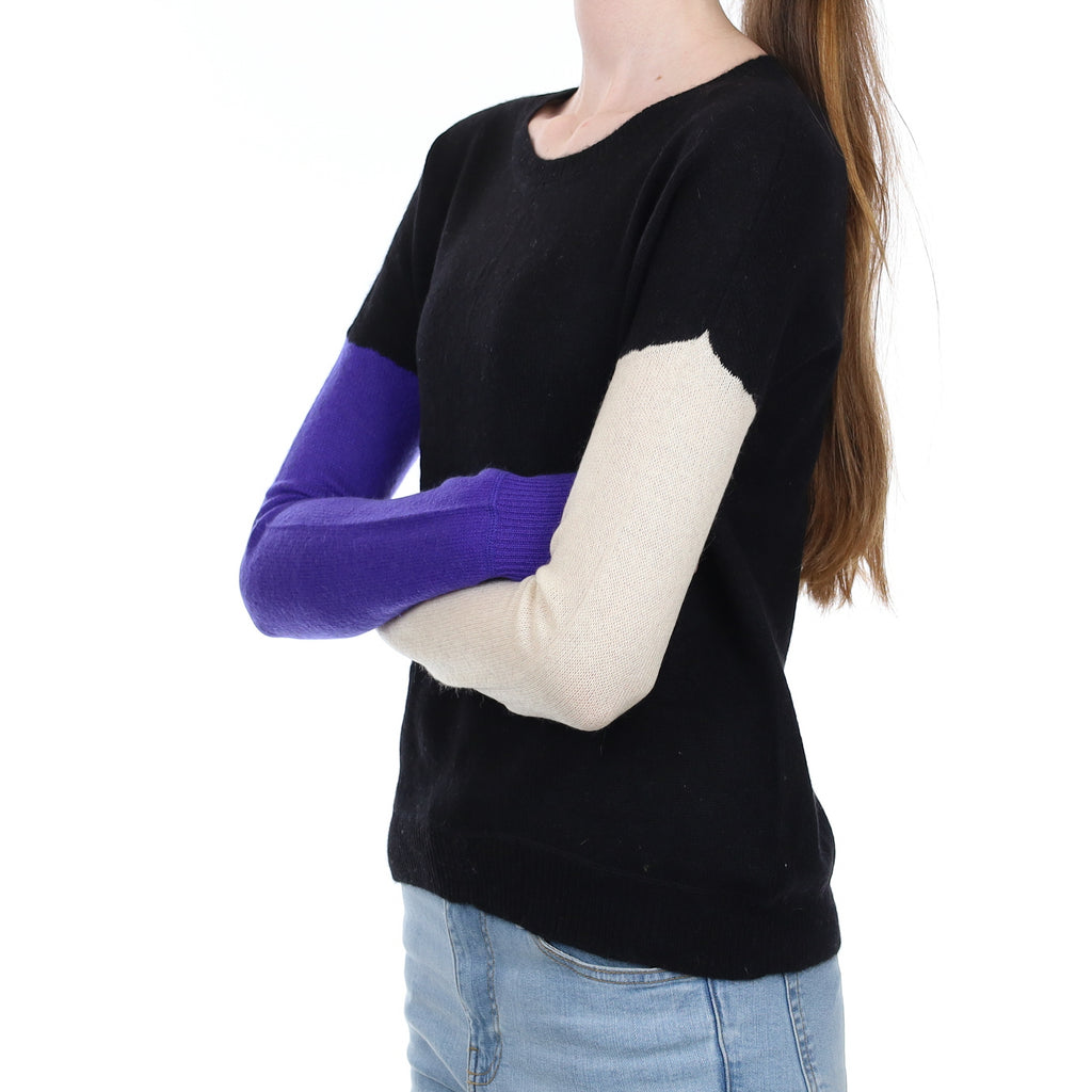Black Contrasting Sleeve Cashmere Crew Neck Jumper Extra Small