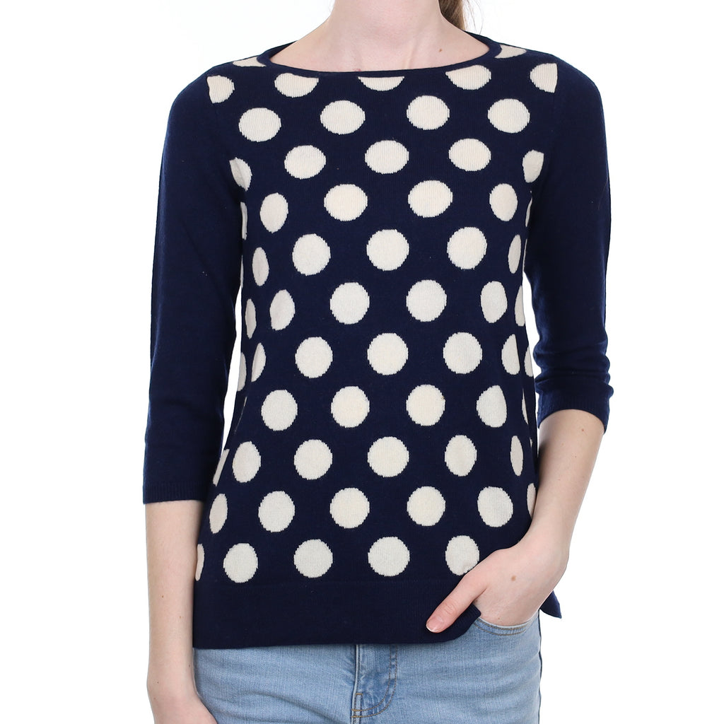 Dark Navy Ivory Spot Cashmere Crew Neck Jumper Extra Small