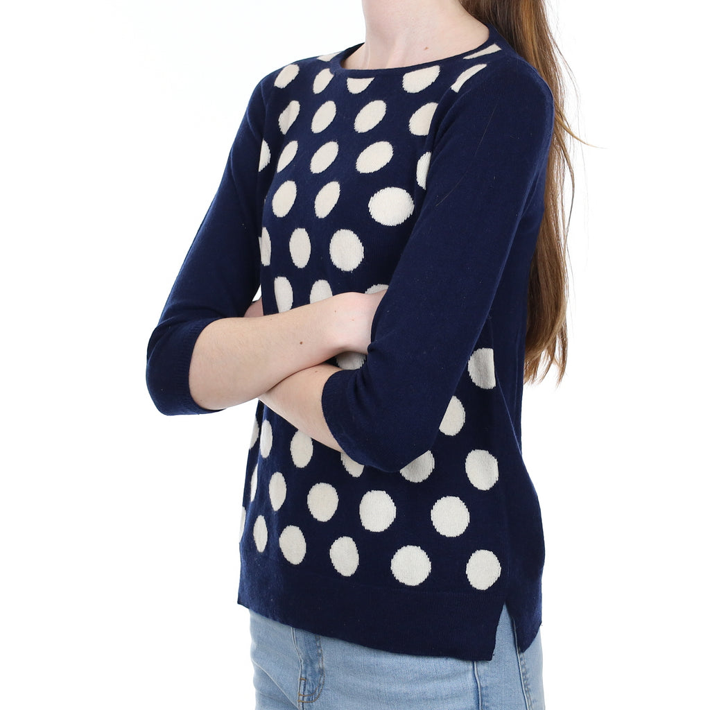 Dark Navy Ivory Spot Cashmere Crew Neck Jumper Extra Small