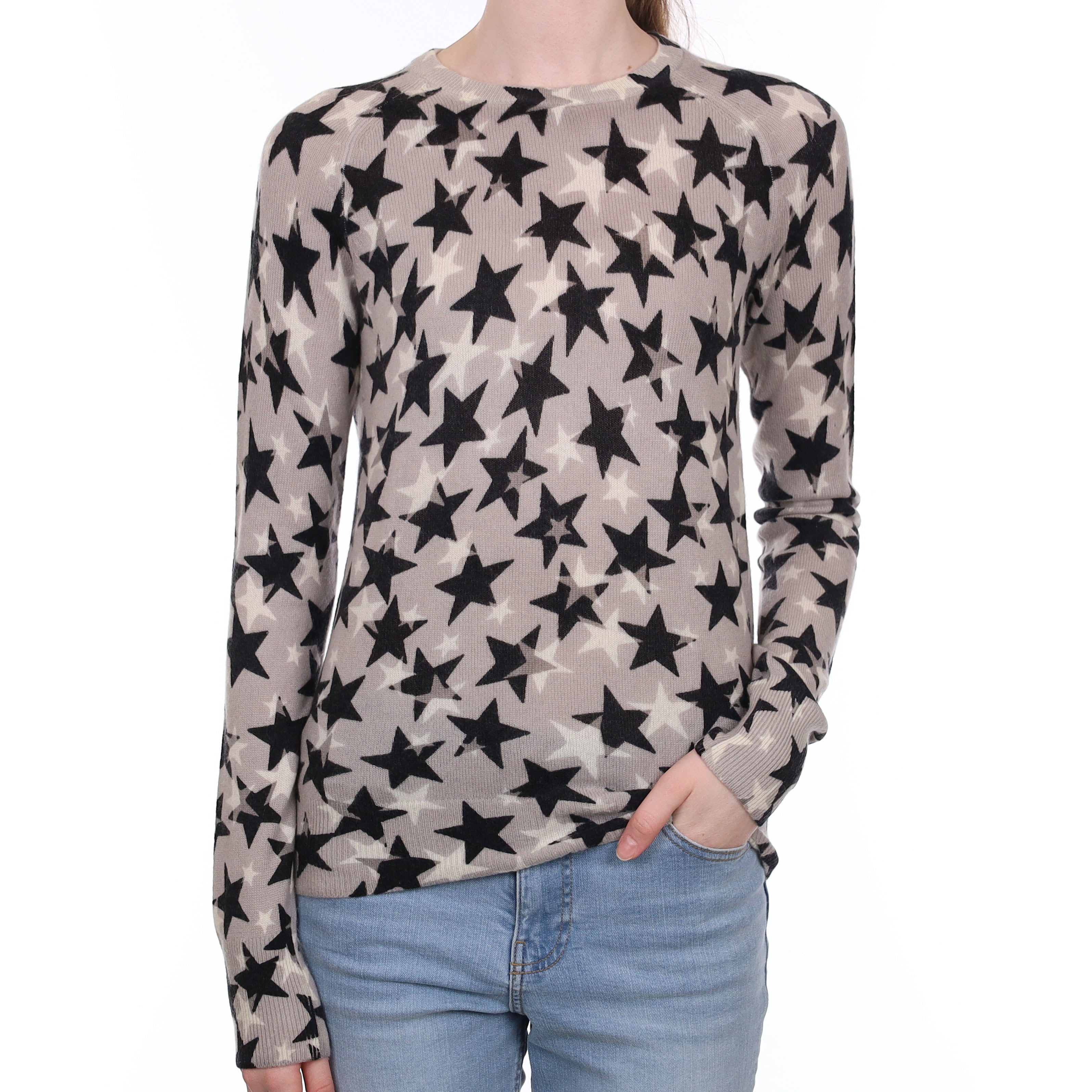 Grey and Black Star Cashmere Crew Neck Jumper Extra Small