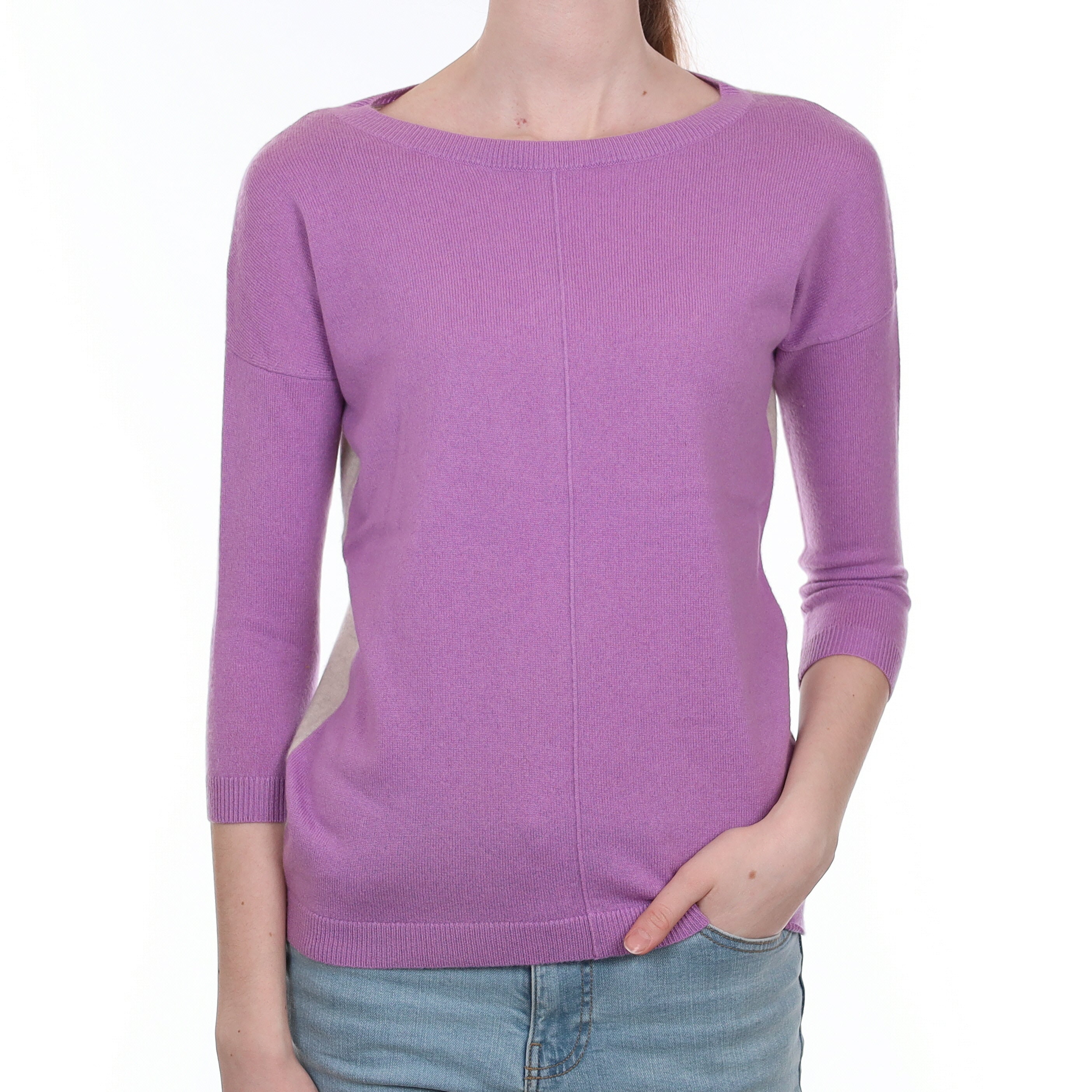 Purple and Grey Button Back Cashmere Crew Neck Jumper Extra Small