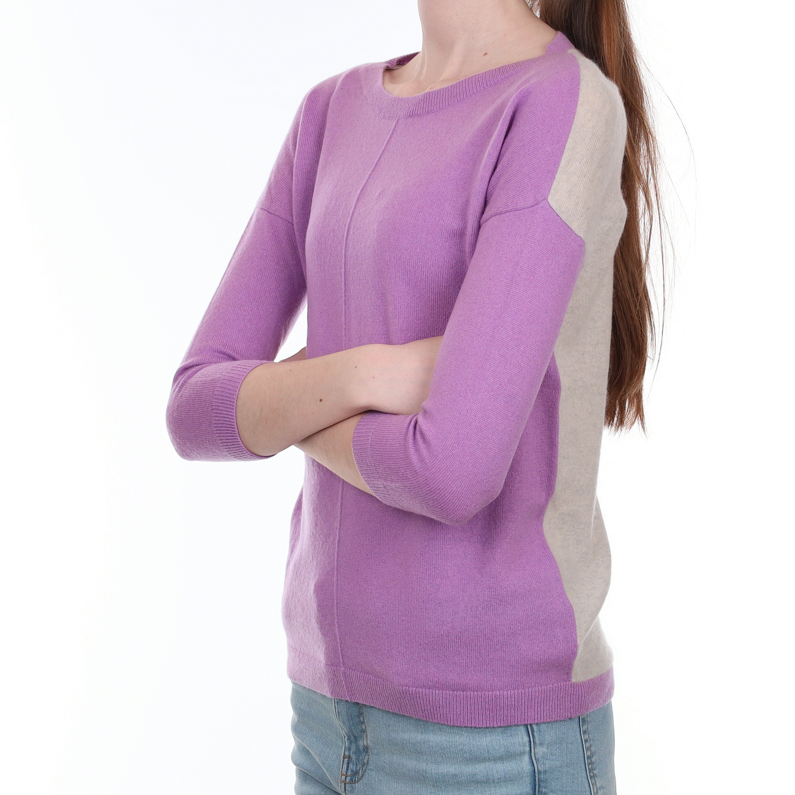 Purple and Grey Button Back Cashmere Crew Neck Jumper Extra Small