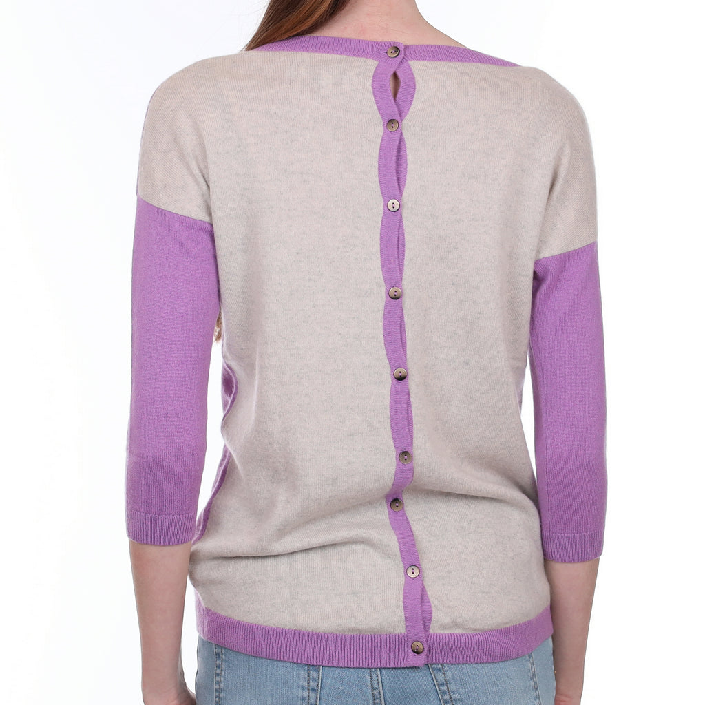 Purple and Grey Button Back Cashmere Crew Neck Jumper Extra Small