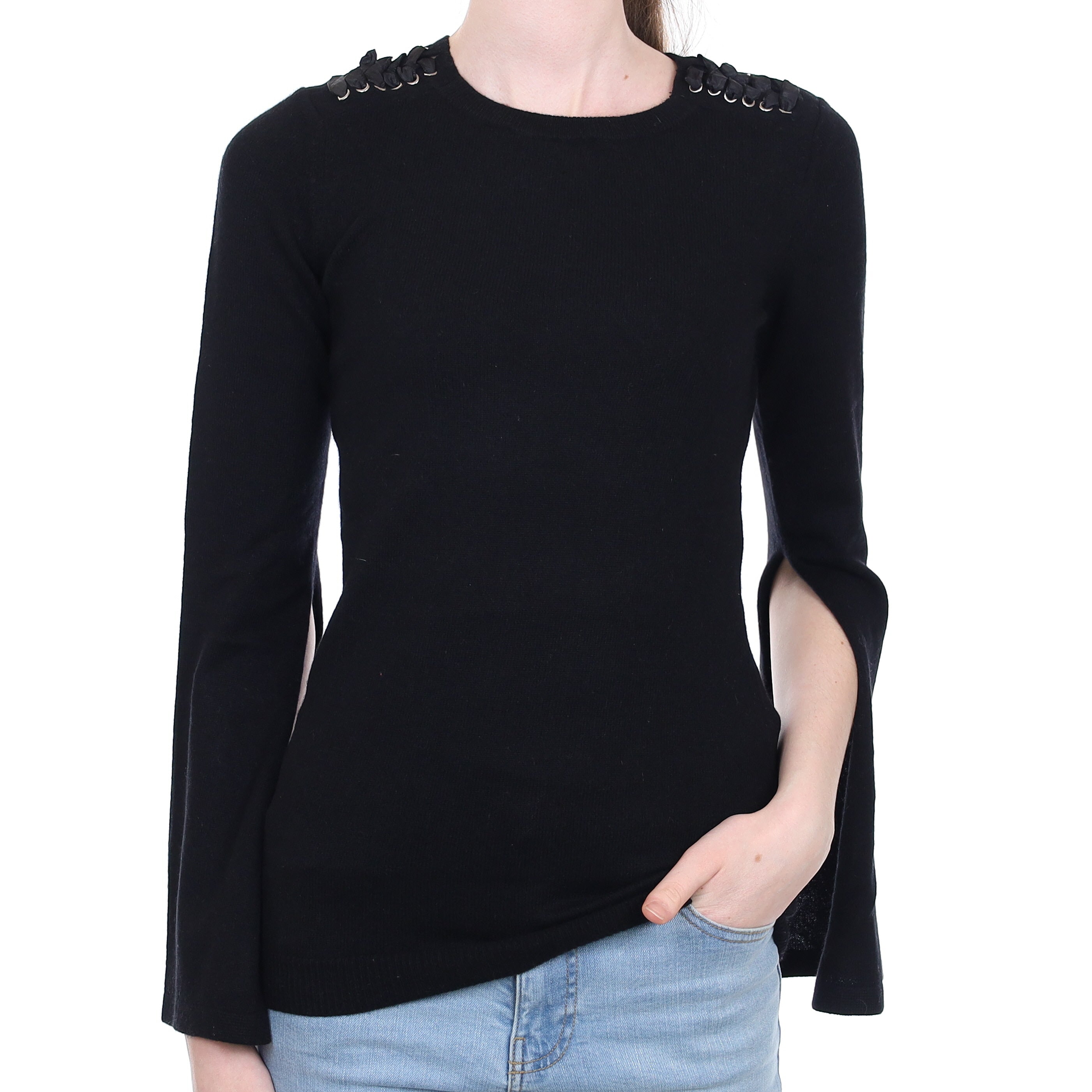 Black Cashmere Flared Sleeve Crew Neck Jumper Extra Small