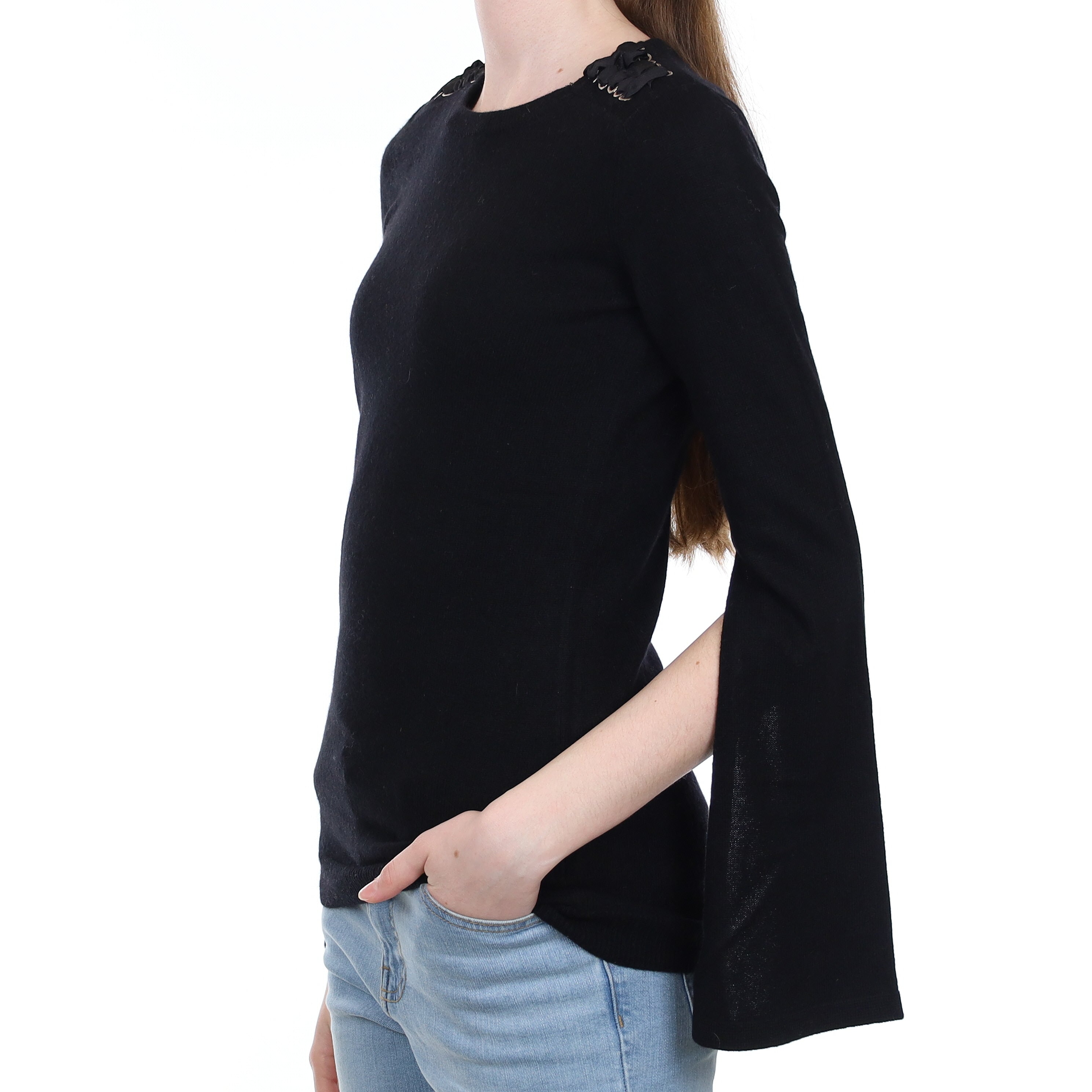 Black Cashmere Flared Sleeve Crew Neck Jumper Extra Small