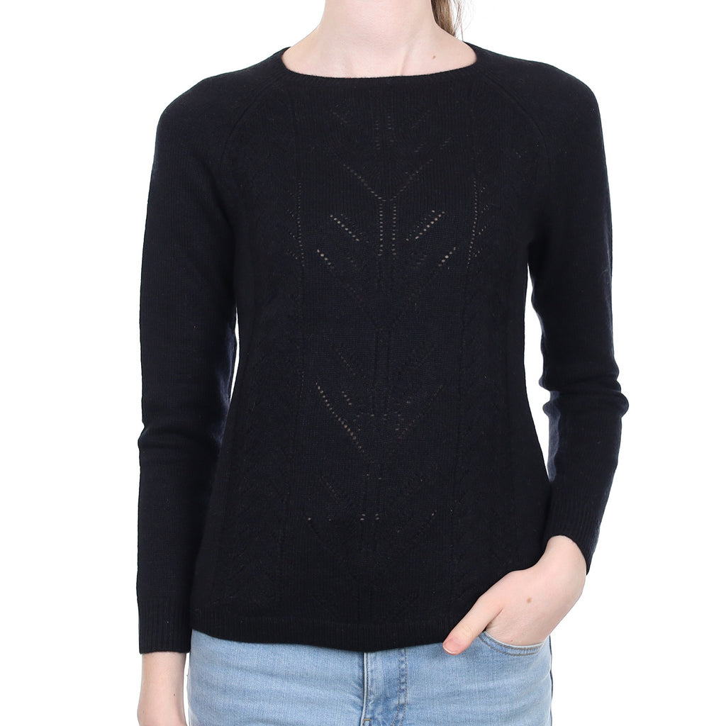 Black Pointelle Cashmere Crew Neck Jumper Extra Small