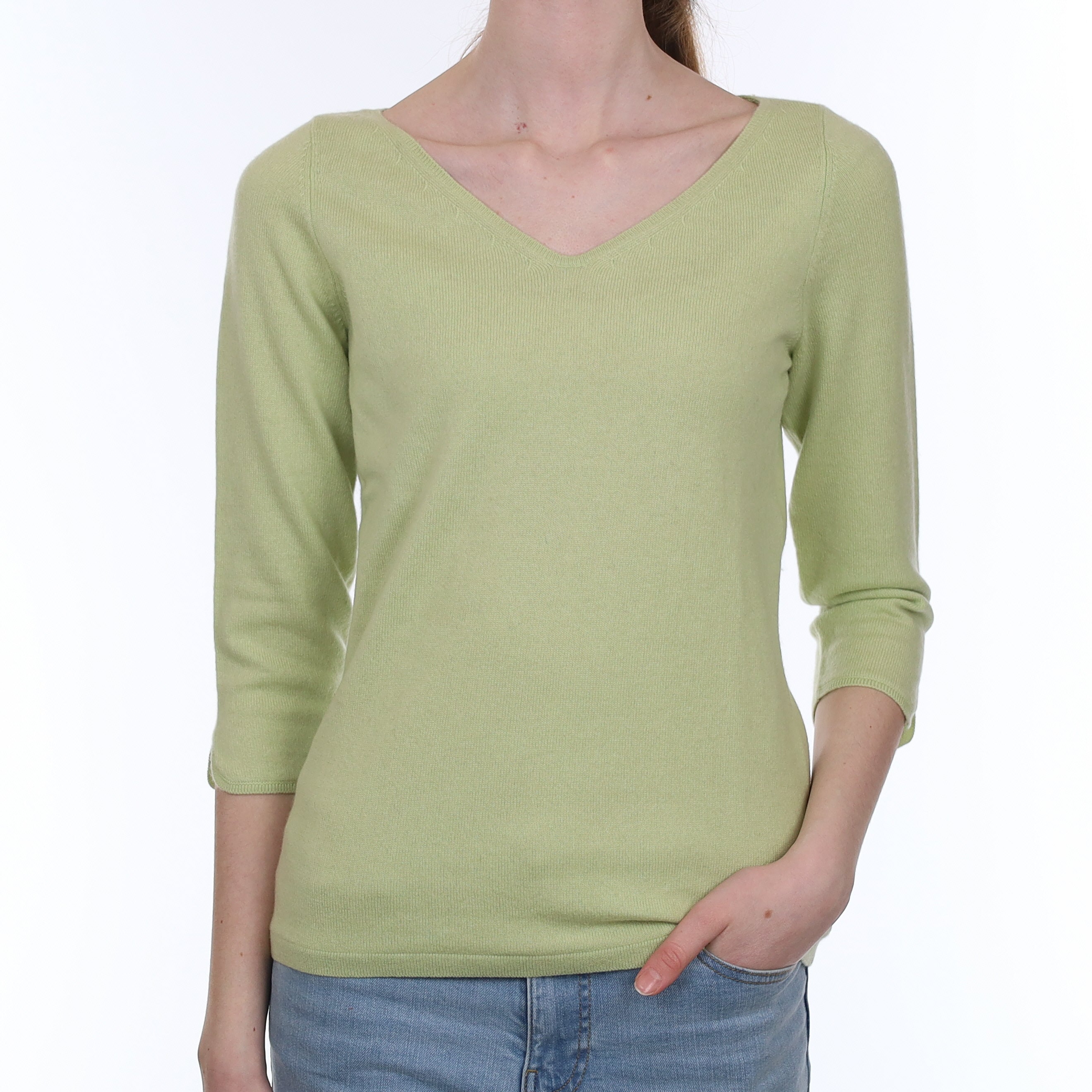 Soft Lime Green Cashmere Wide V Neck Jumper Extra Small