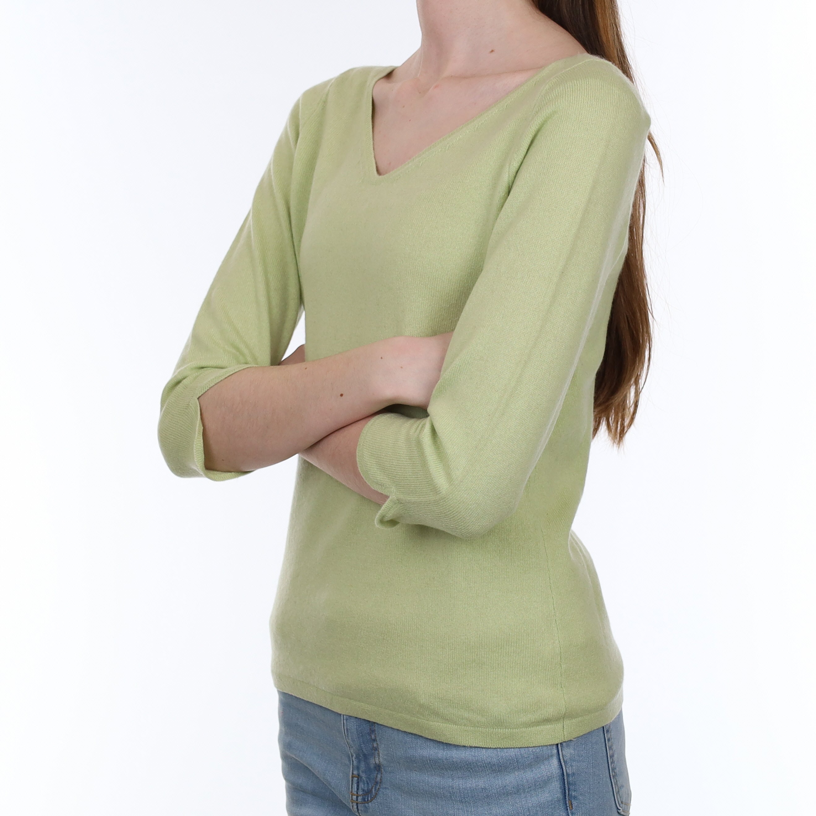 Soft Lime Green Cashmere Wide V Neck Jumper Extra Small