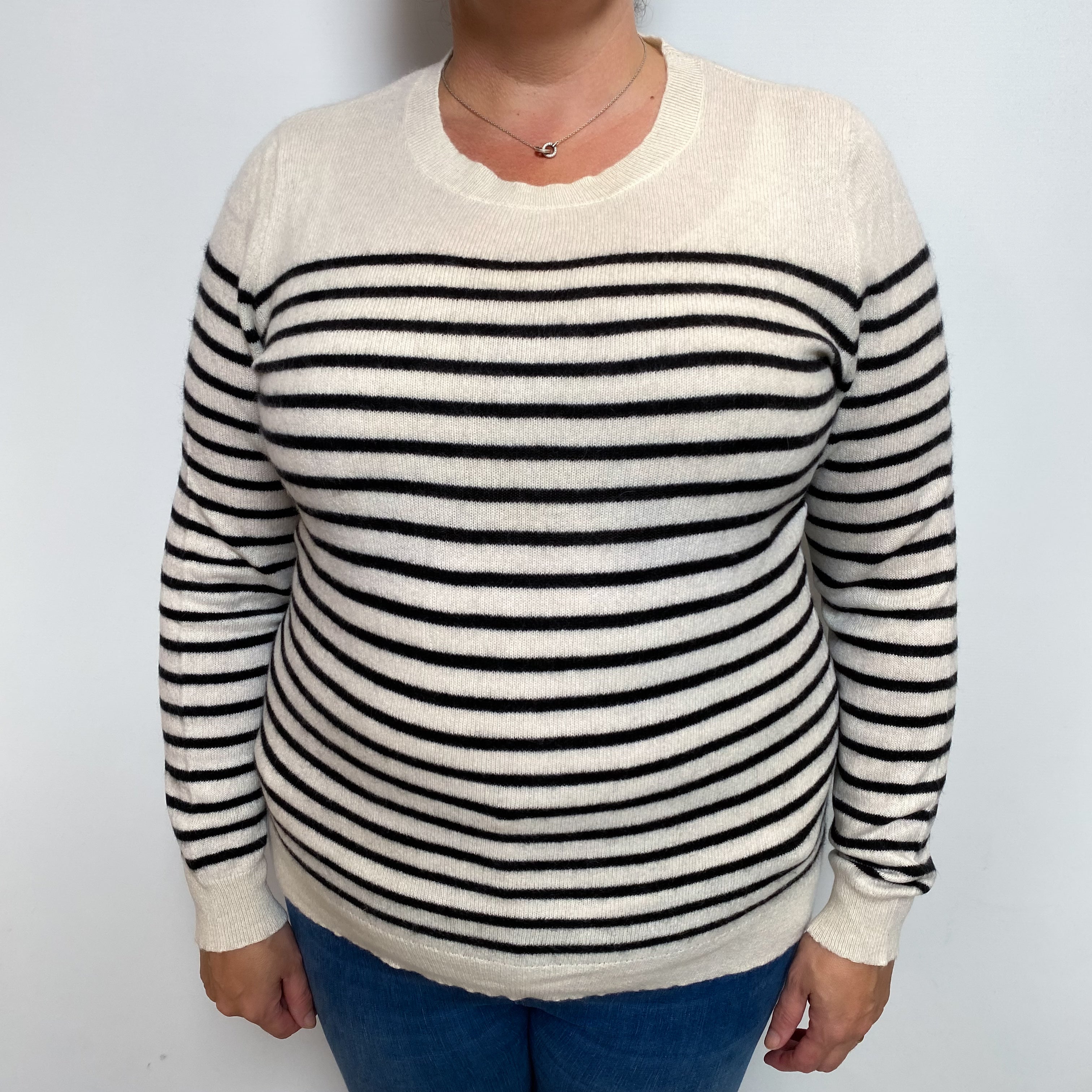 Black Cream Stripe Cashmere Crew Neck Jumper Extra Large
