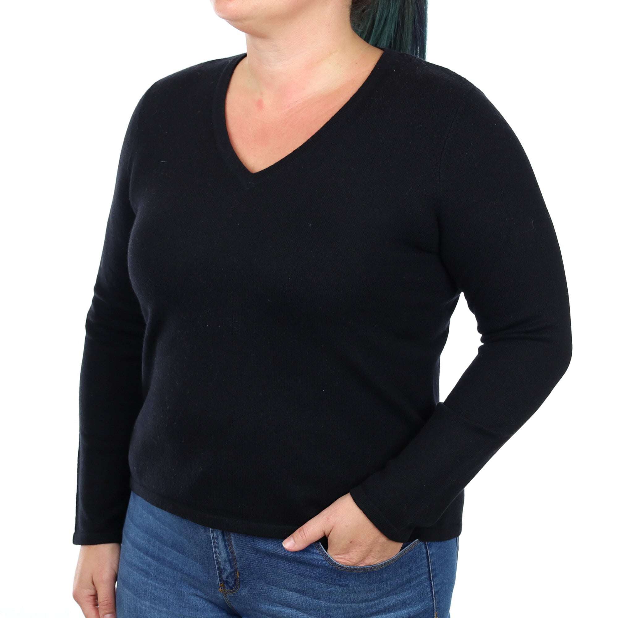 Black Cashmere V Neck Jumper Large