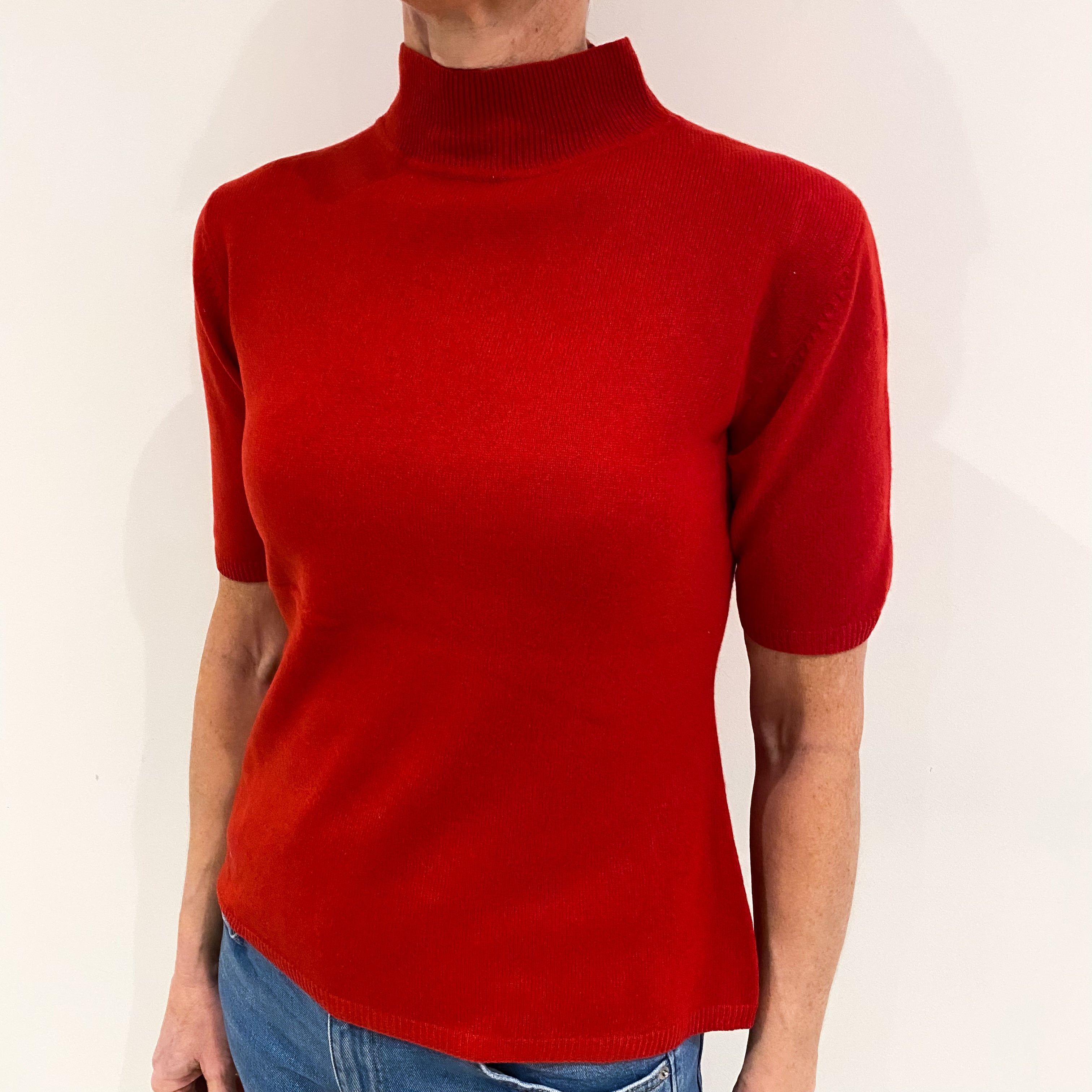 Post Box Red Cashmere Short Sleeved Funnel Neck Jumper Small