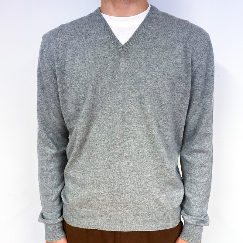 Men's Italian Smoke Grey Cashmere V-Neck Jumper Large