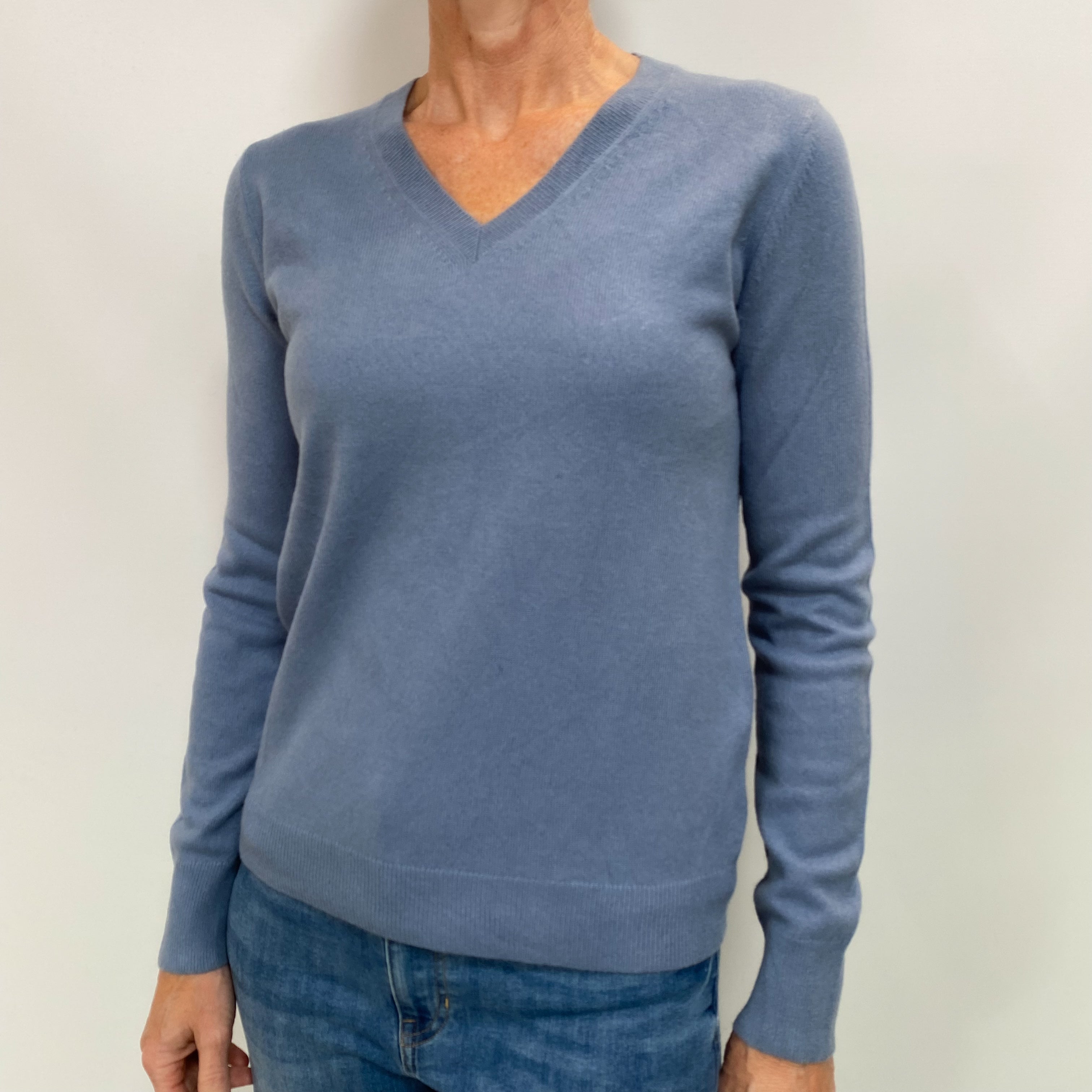 Denim Blue Cashmere V Neck Jumper Small