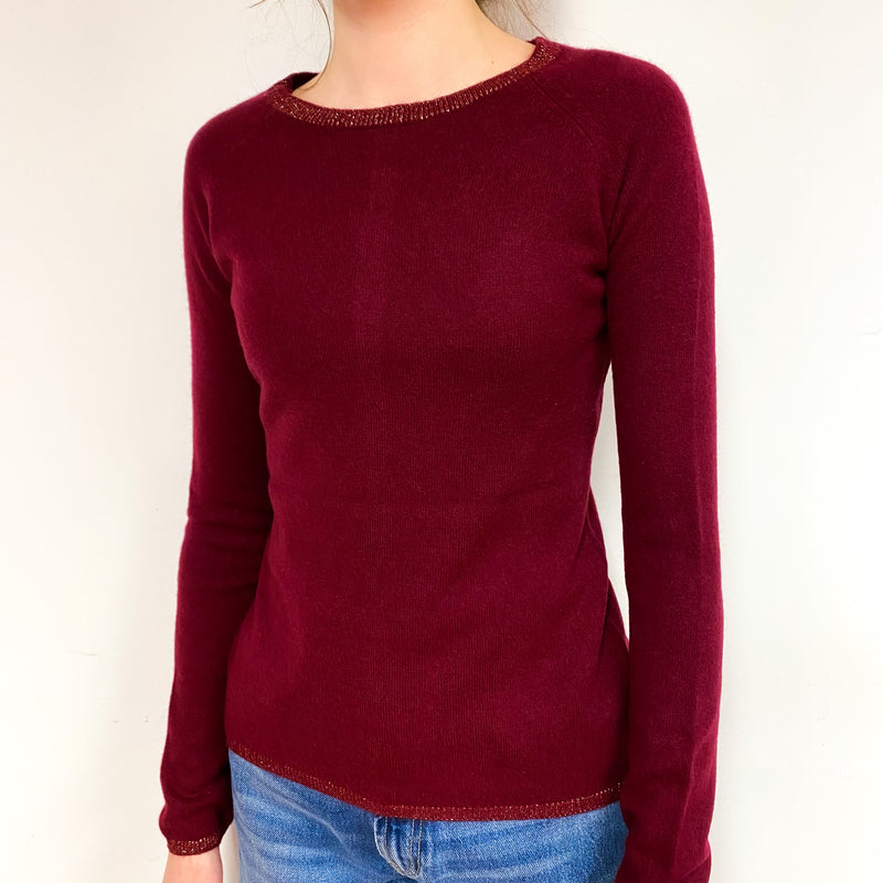 Wine Red Gold Trim Cashmere Crew Neck Jumper Extra Small