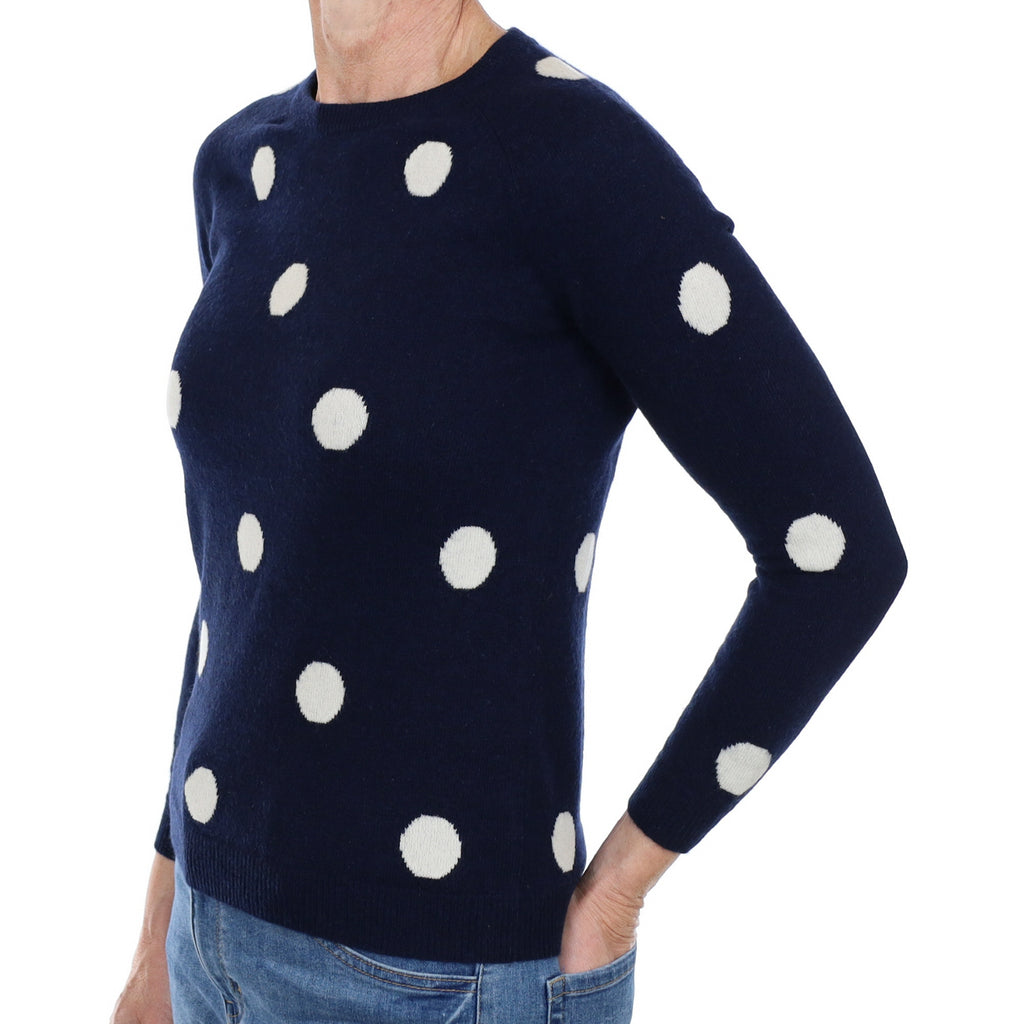 Navy Polka Dot Cashmere Crew Neck Jumper Small