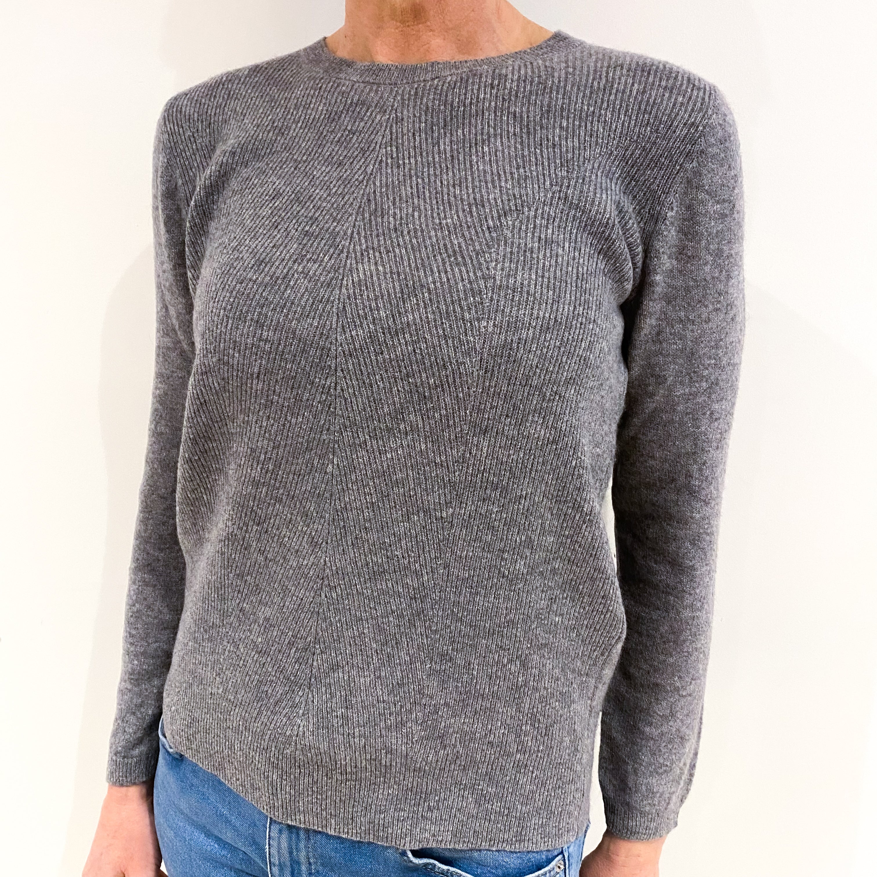 Ash Grey Cashmere Crew Neck Ribbed Front Jumper Small