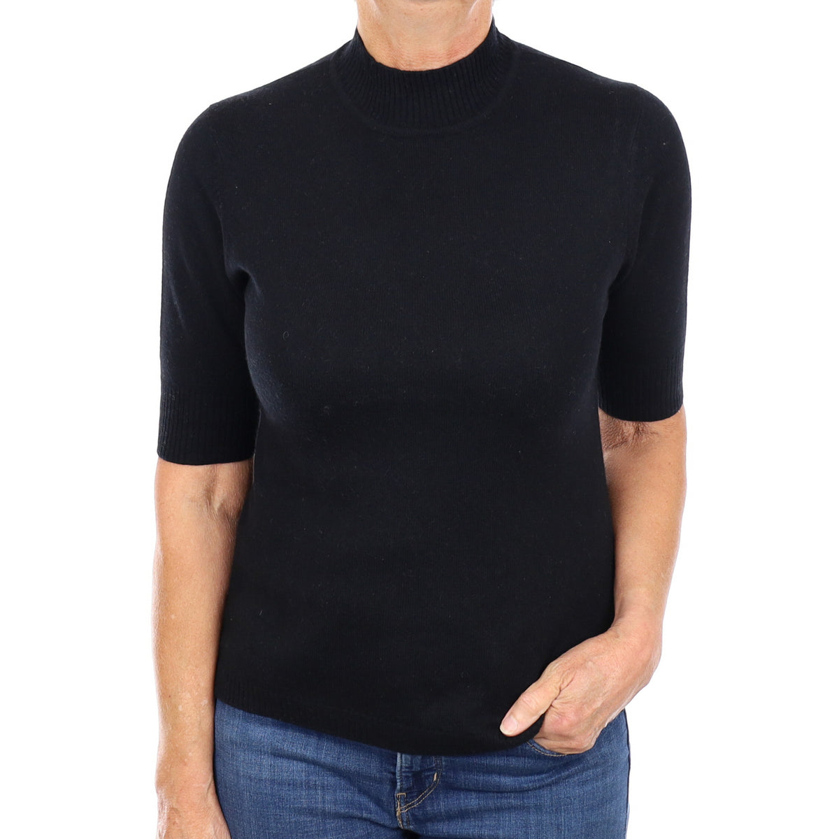 Black Cashmere Short Sleeved Turtle Neck Jumper Medium