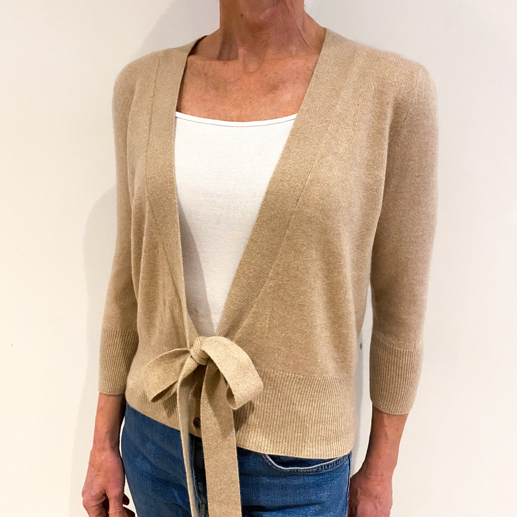 Biscuit Beige Cashmere V Neck Tie Waist Cardigan Small