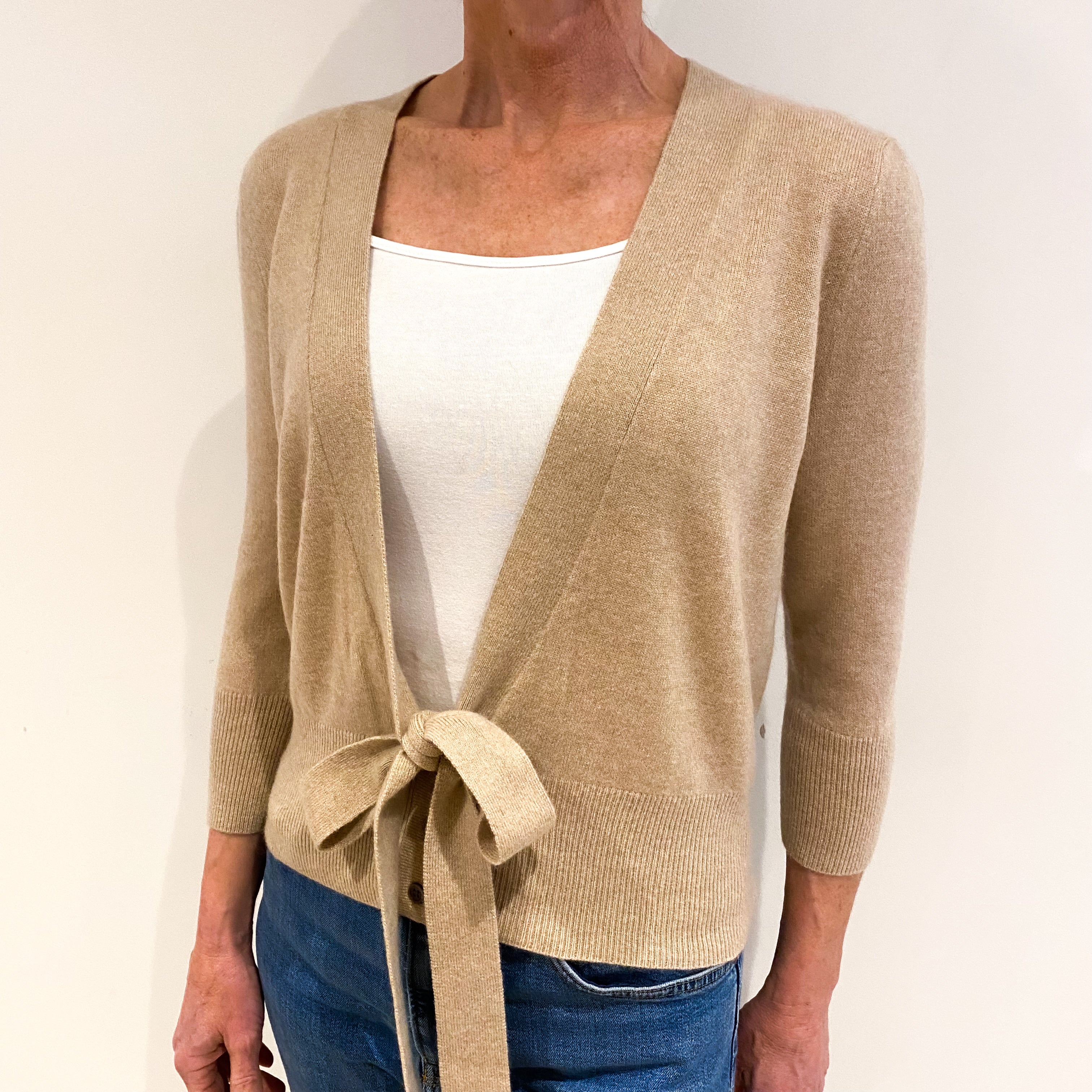 Biscuit Beige Cashmere V Neck Tie Waist Cardigan Small