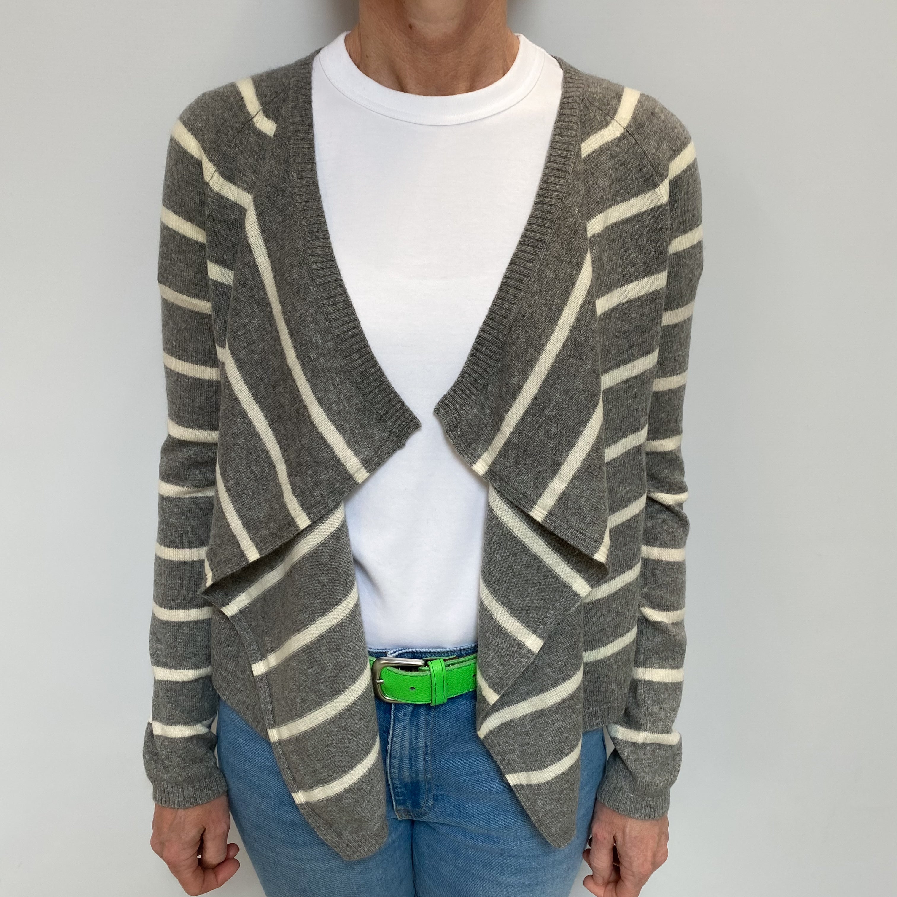 Smoke Grey Striped Cashmere Waterfall Cardigan Small
