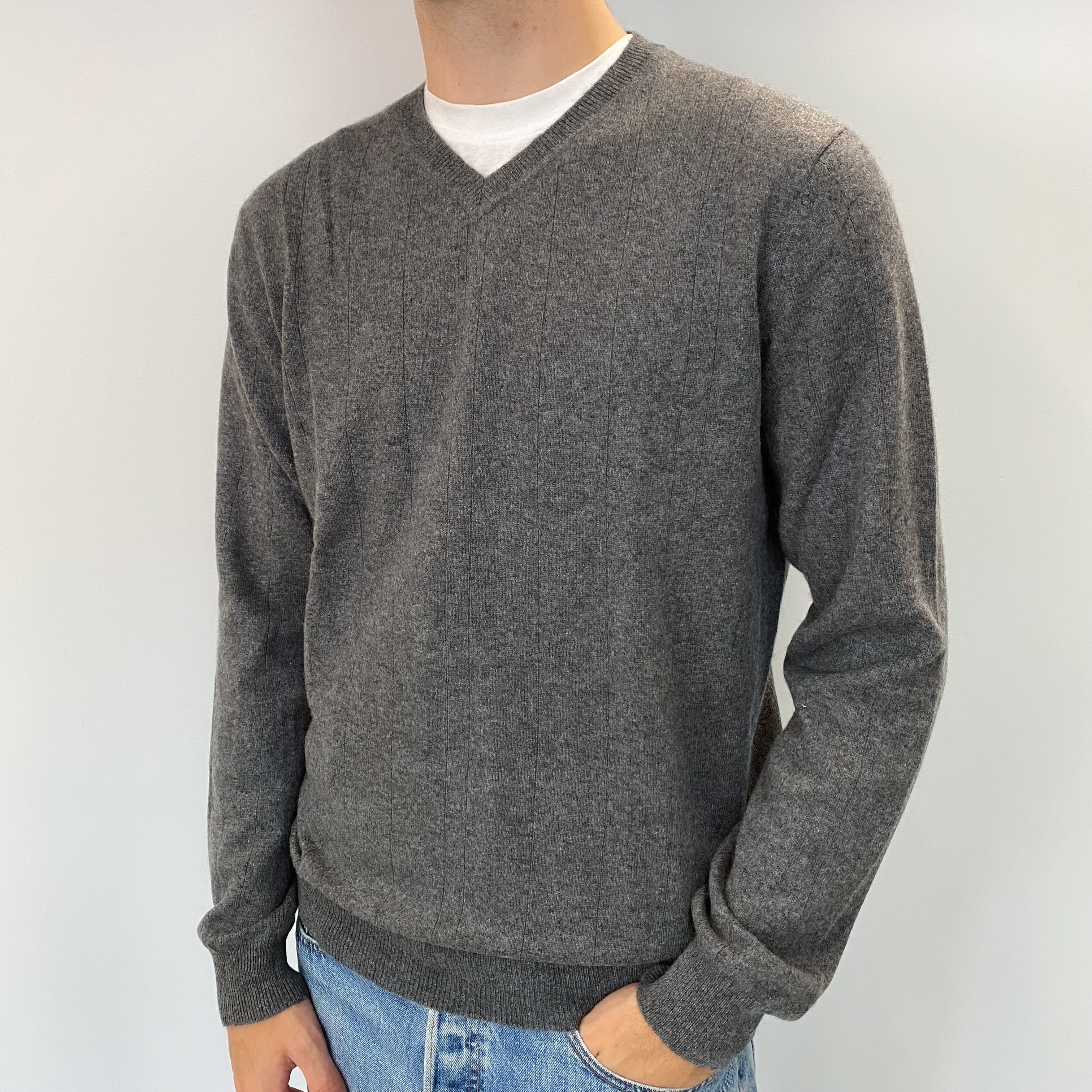 Men's Slate Grey Cashmere V Neck Jumper Large