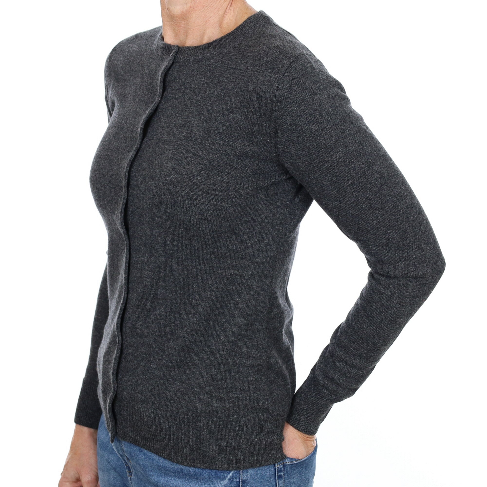New Charcoal Grey Cashmere Crew Neck Cardigan Small