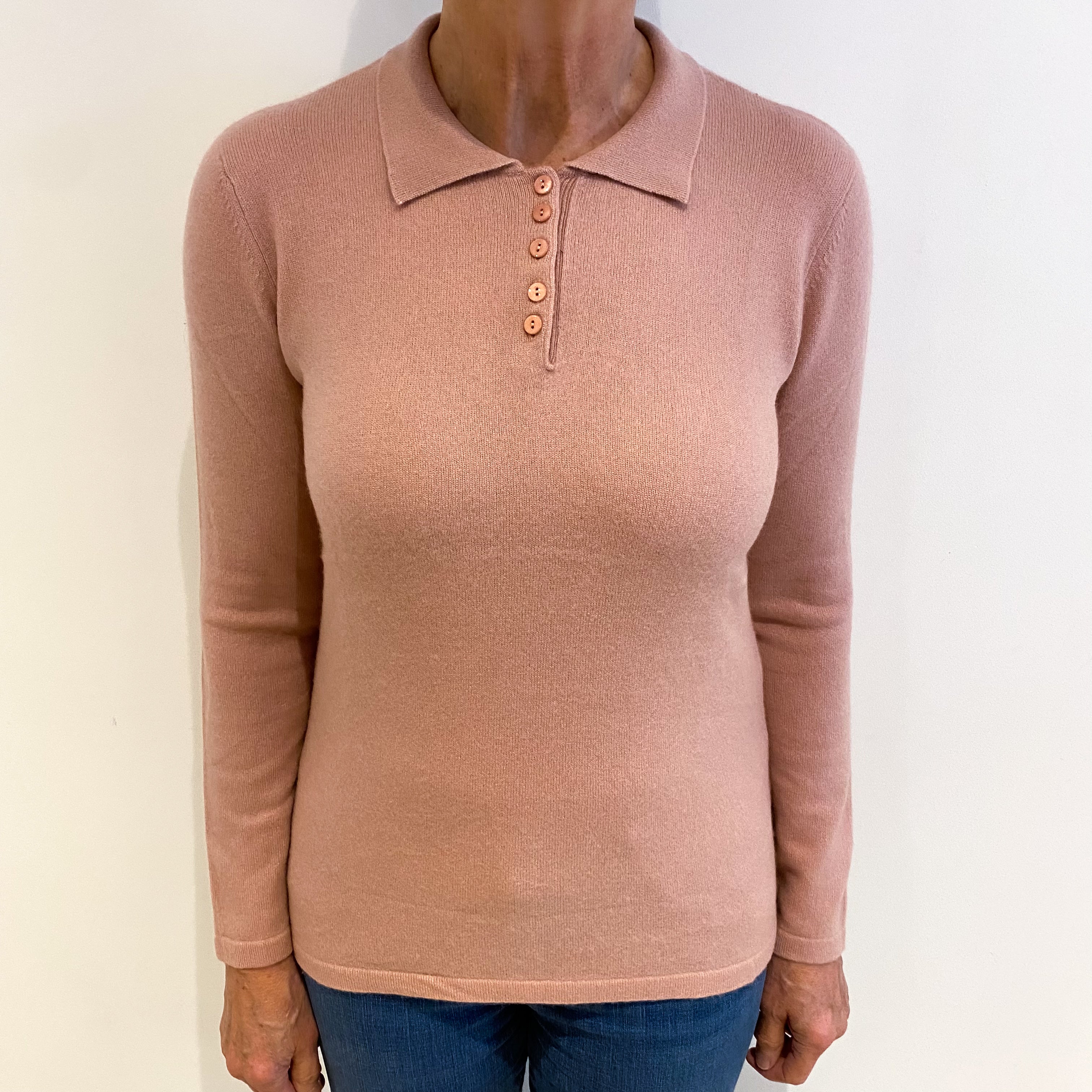 Dusty Pink Cashmere 1/4 Button Up Collared V Neck Jumper Medium