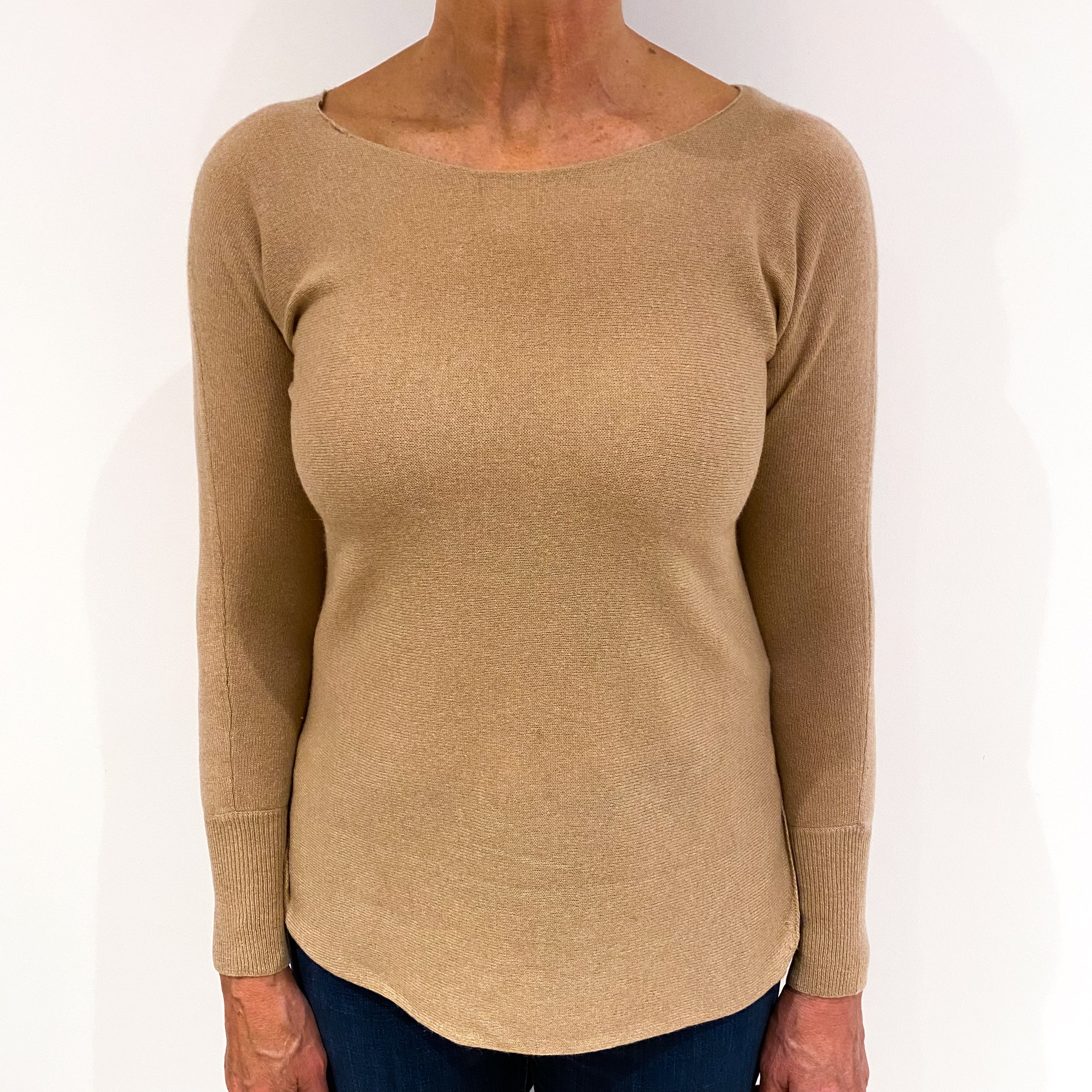 Caramel Latte Brown Cashmere Wide Crew Neck Jumper Medium