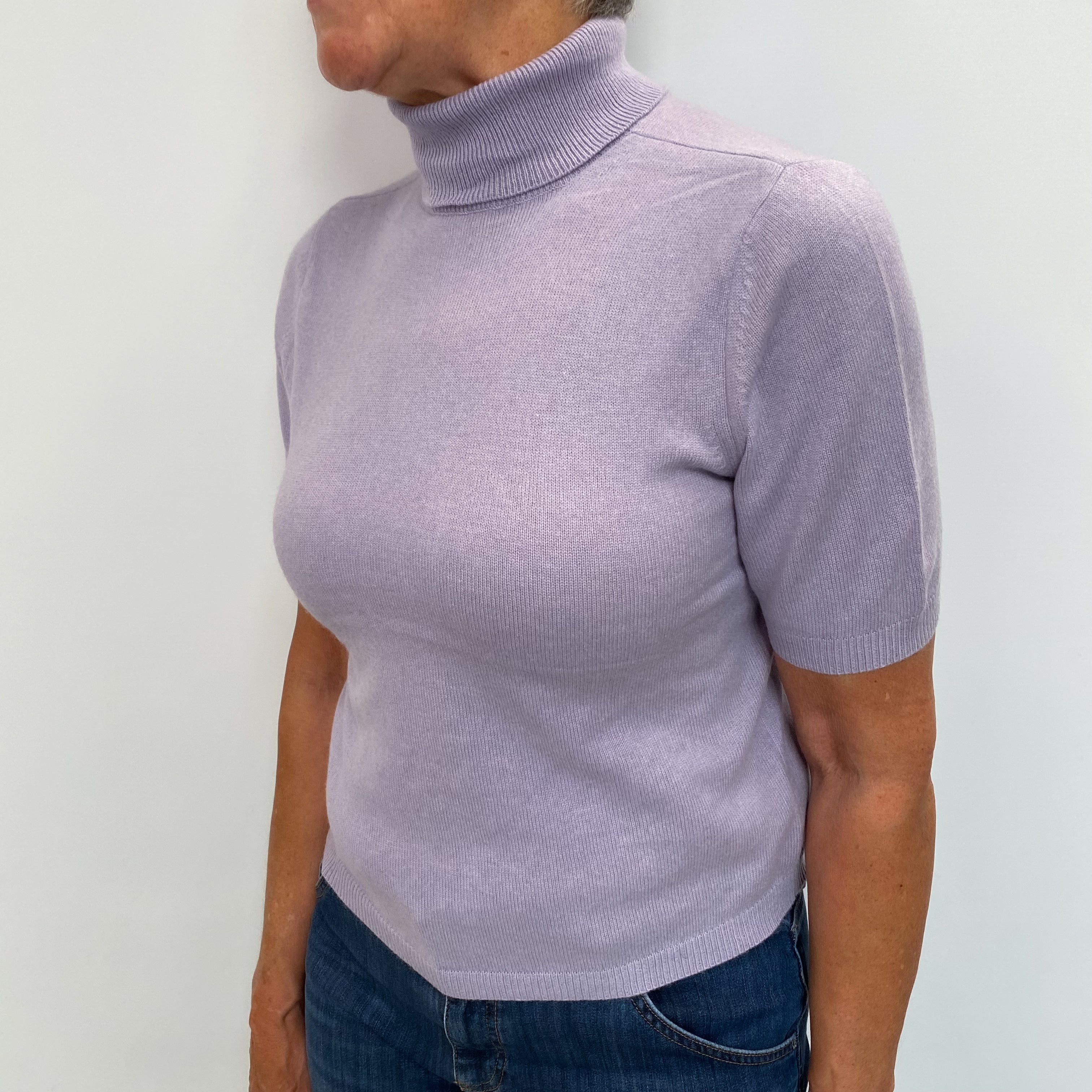 Lavender Purple Cashmere Polo Neck Short Sleeved Jumper Medium