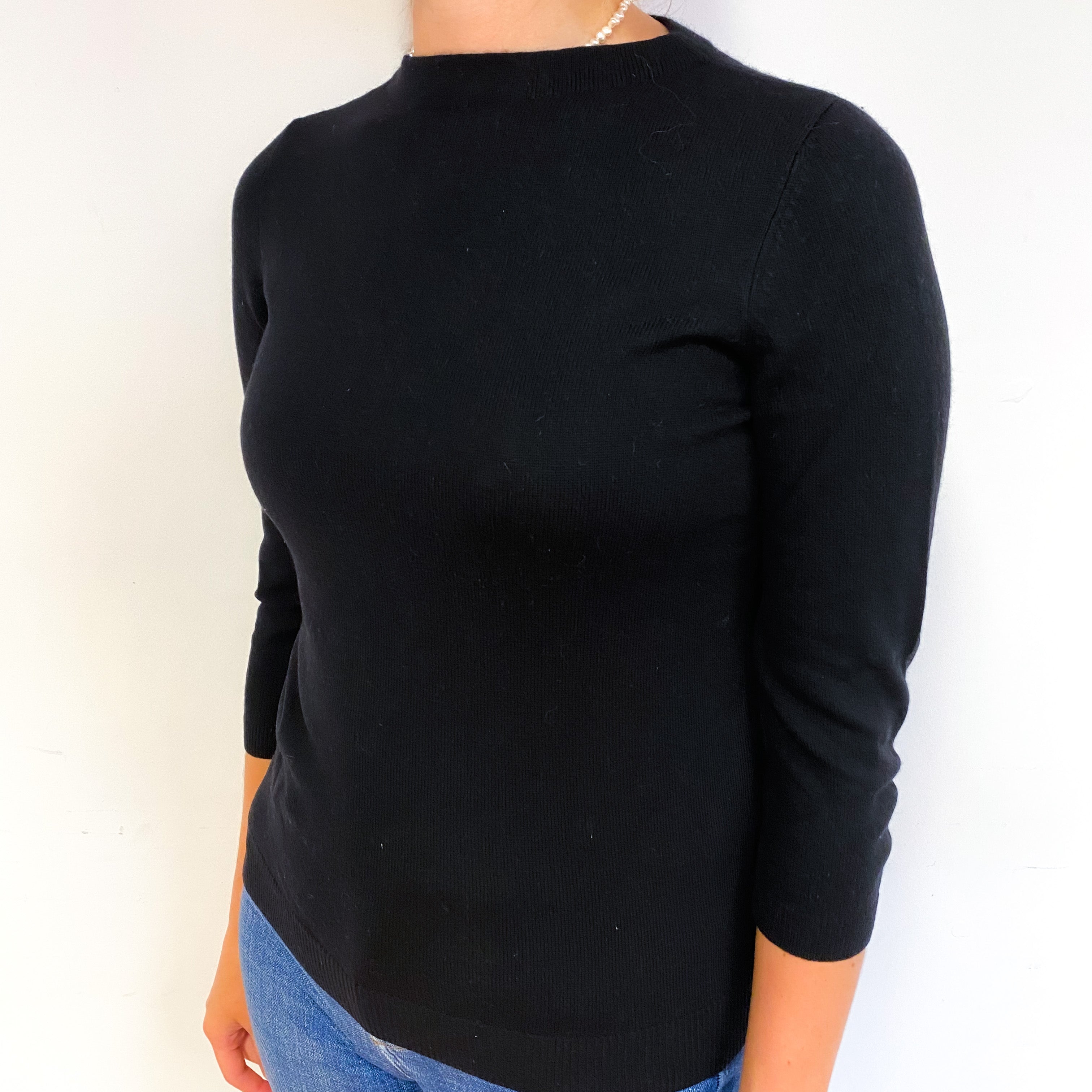 Black 3/4 Sleeve Cashmere Crew Neck Jumper Small
