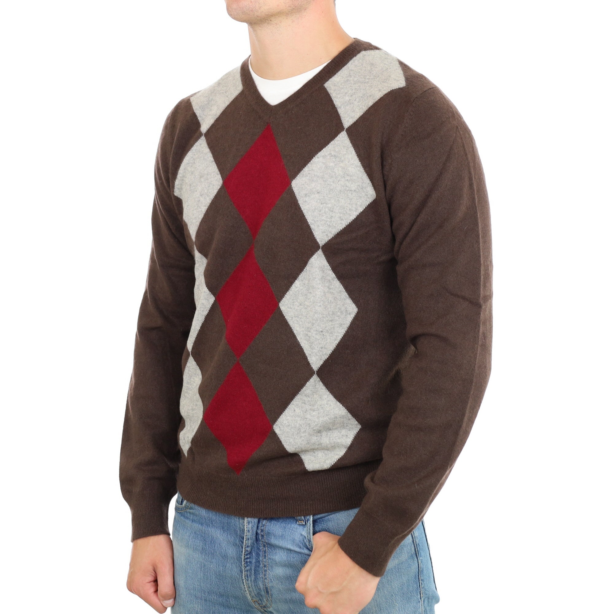 Men's Dark Chocolate Brown Cashmere V Neck Jumper XXL